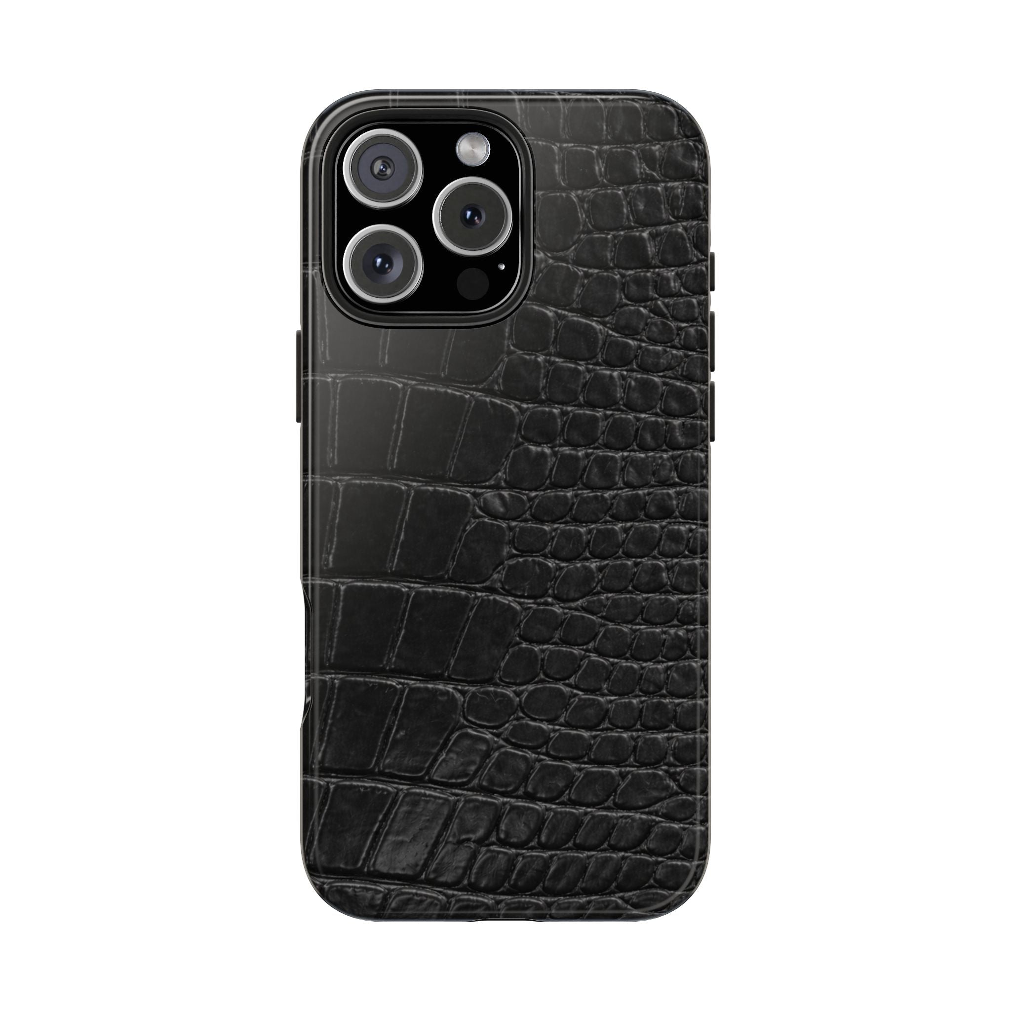 Black croc-printed phone case, smooth wraparound protection with camera cutout