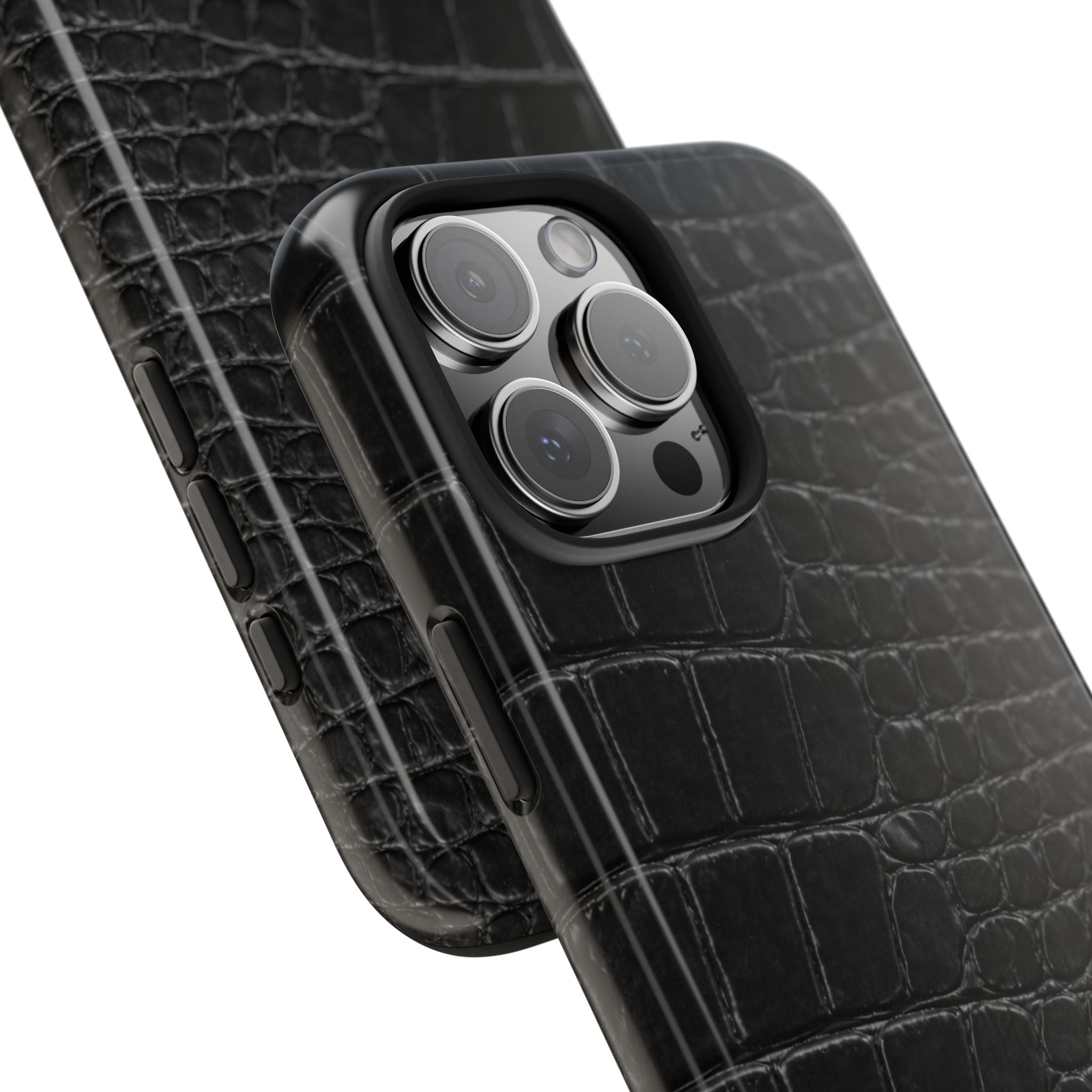 Black croc phone case corner view with camera lens cutouts and raised edges