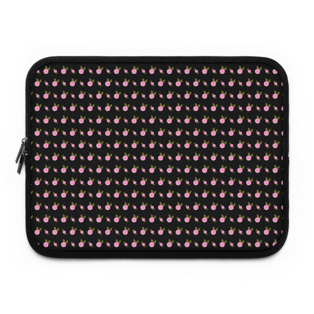 Pink-and-black ditsy floral sleeve front, black zipper and padded neoprene