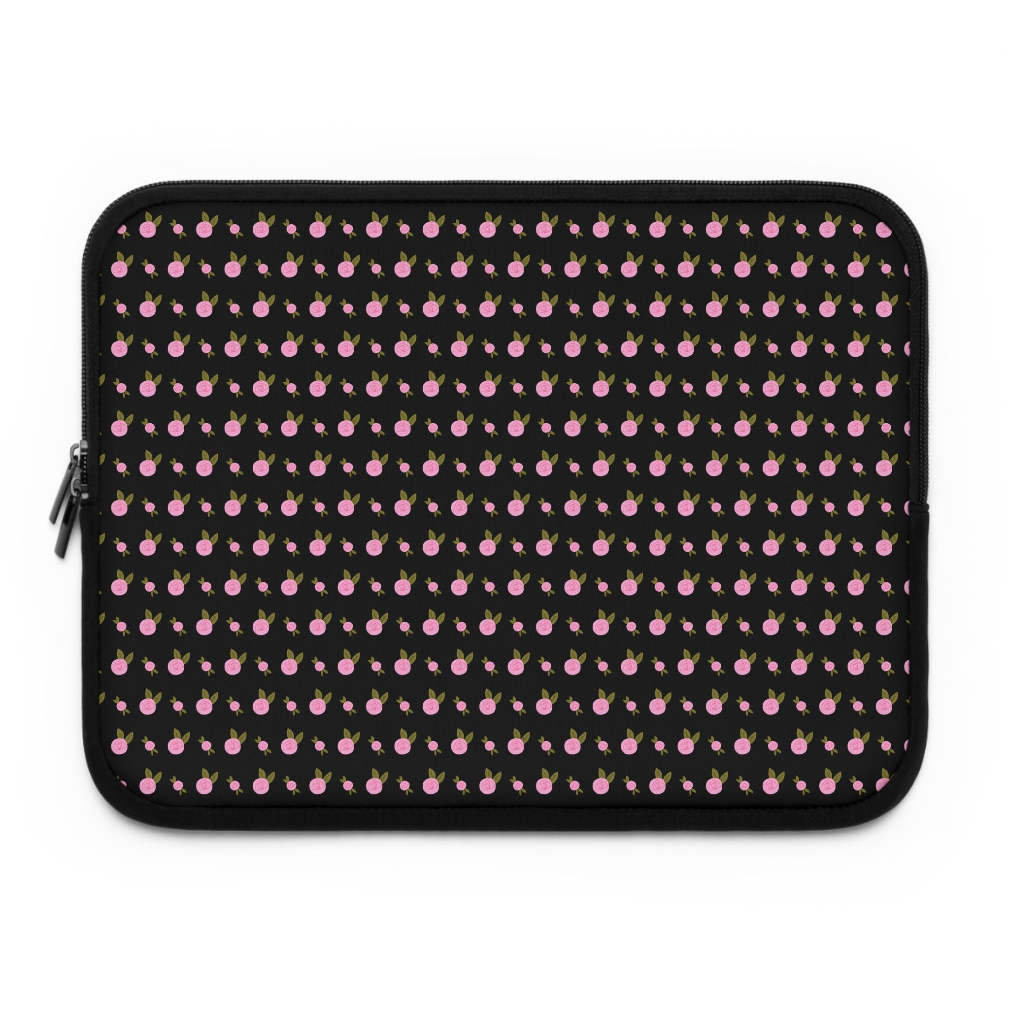 Pink-and-black ditsy floral sleeve front, black zipper and padded neoprene