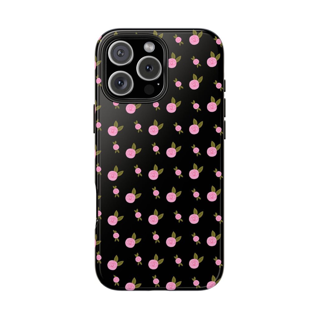 Black phone case with small pink floral ditsy pattern and camera cutouts