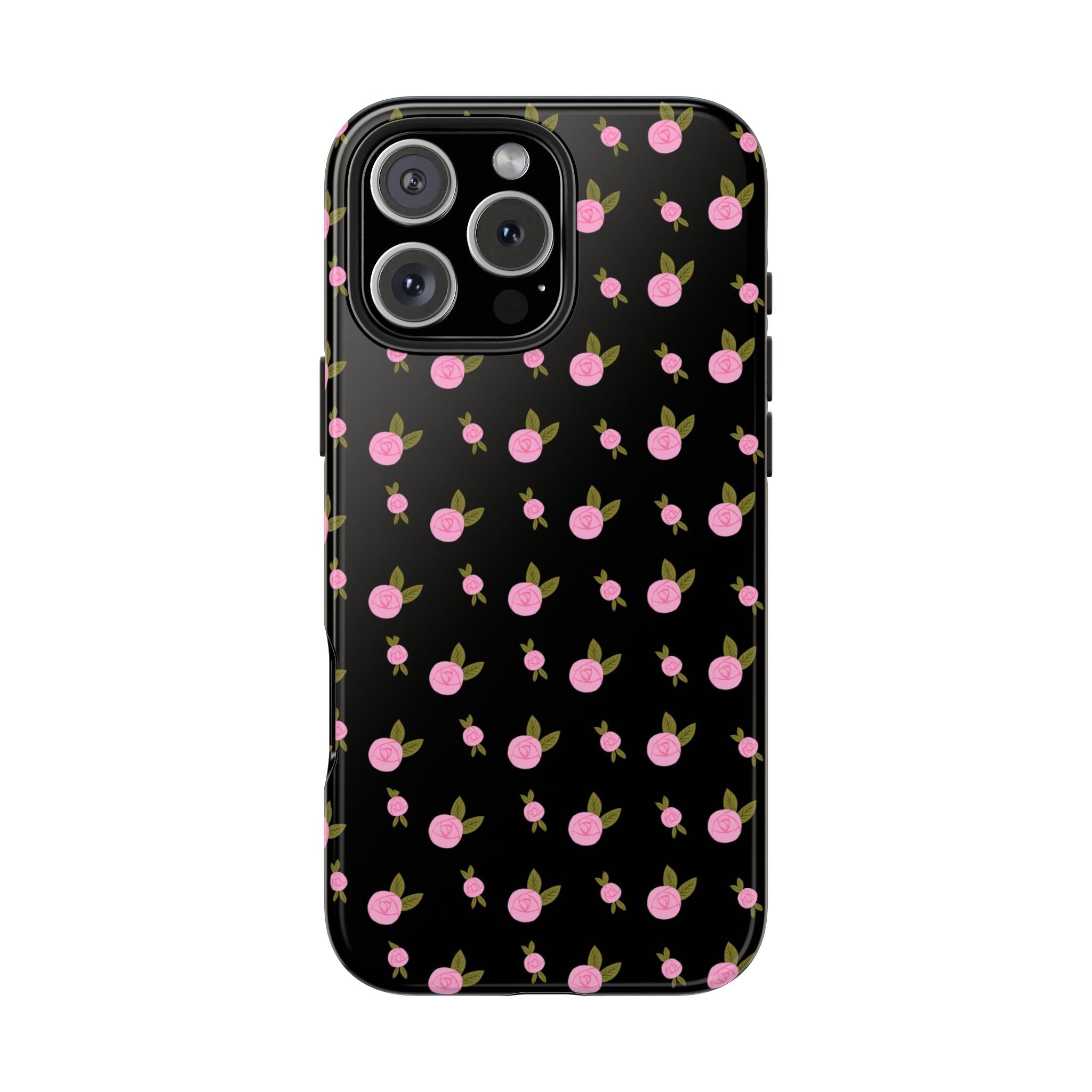 Black phone case with small pink floral ditsy pattern and camera cutouts