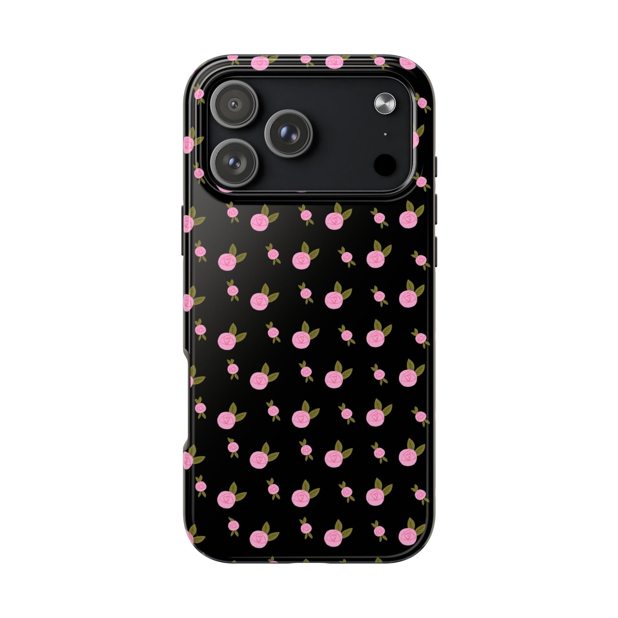 Black phone case featuring evenly spaced pink flowers with leaf details