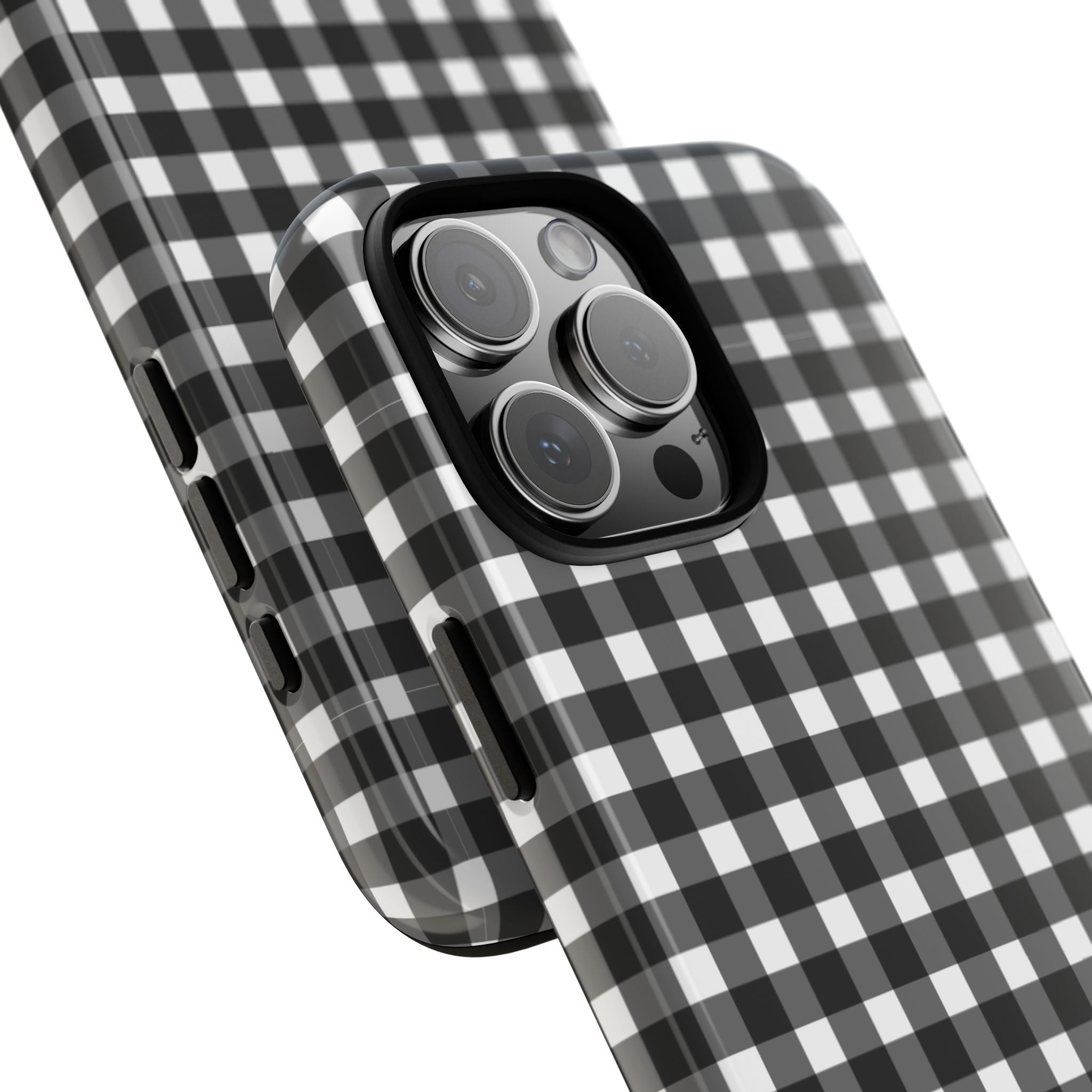 Black-and-white checkered phone case angled view with camera lens cover