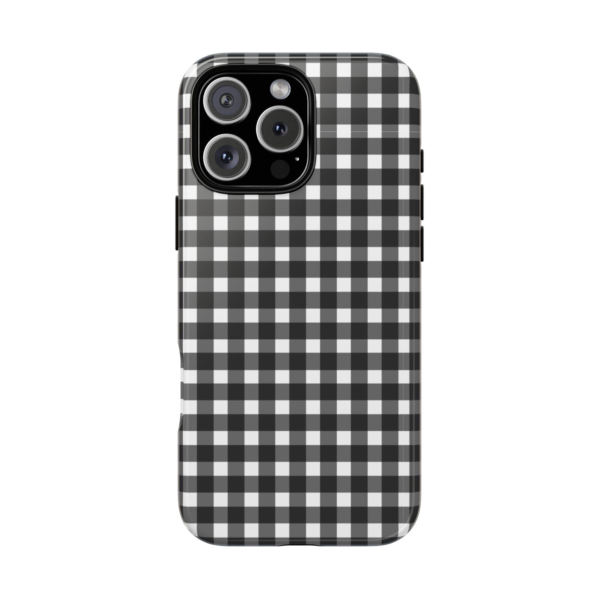 Black-and-white gingham phone case with camera and flash cutouts