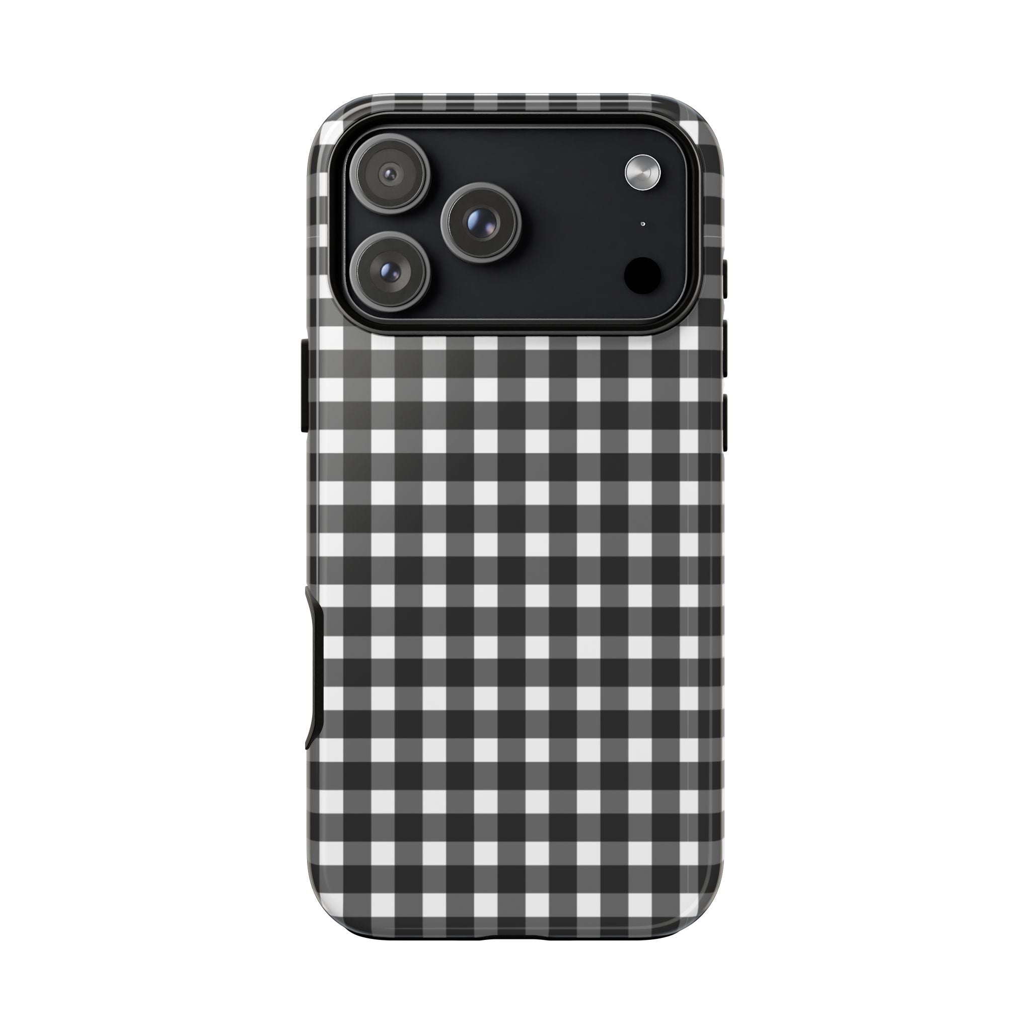 Black gingham phone case, back view with camera cutouts and raised edges