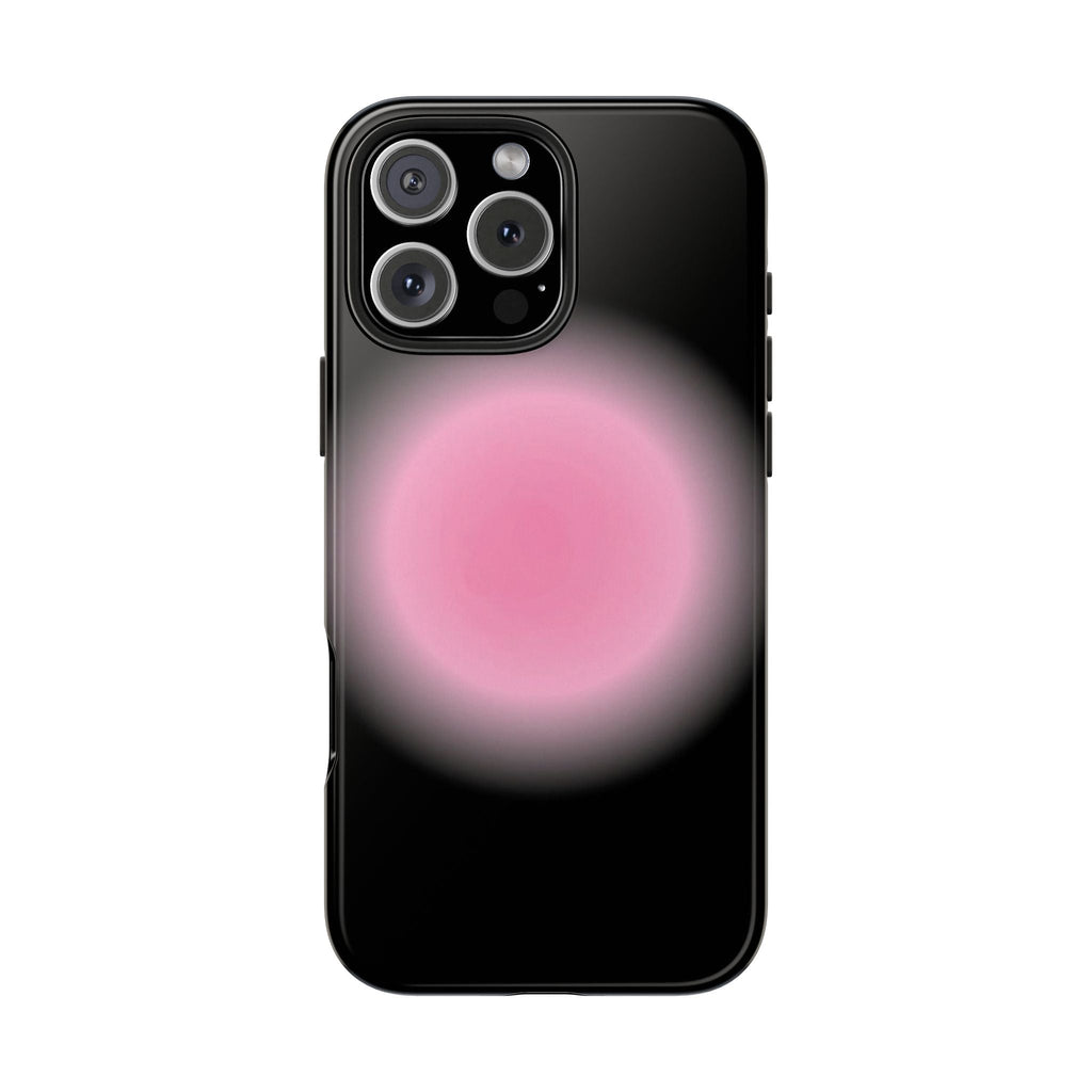 Black aura phone case with pink circular design and camera lens openings