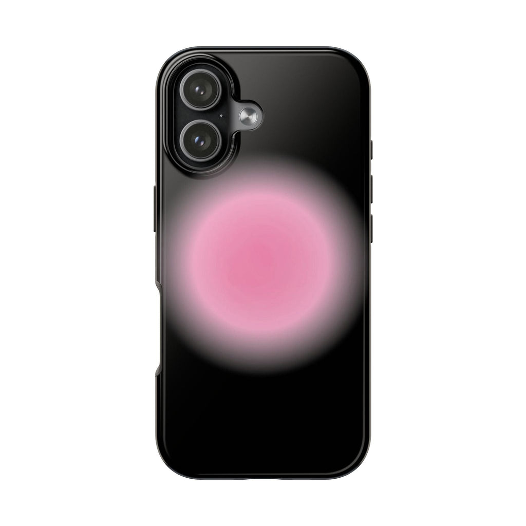 Black phone case with pink aura circle and raised camera cutout