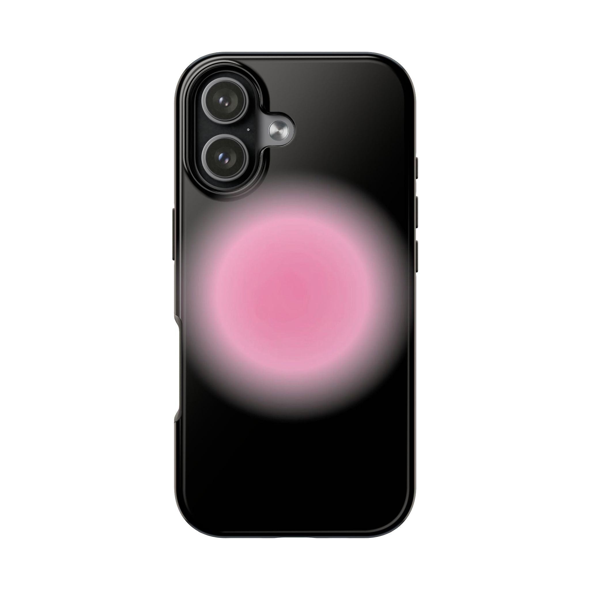 Black phone case with pink aura circle and raised camera cutout