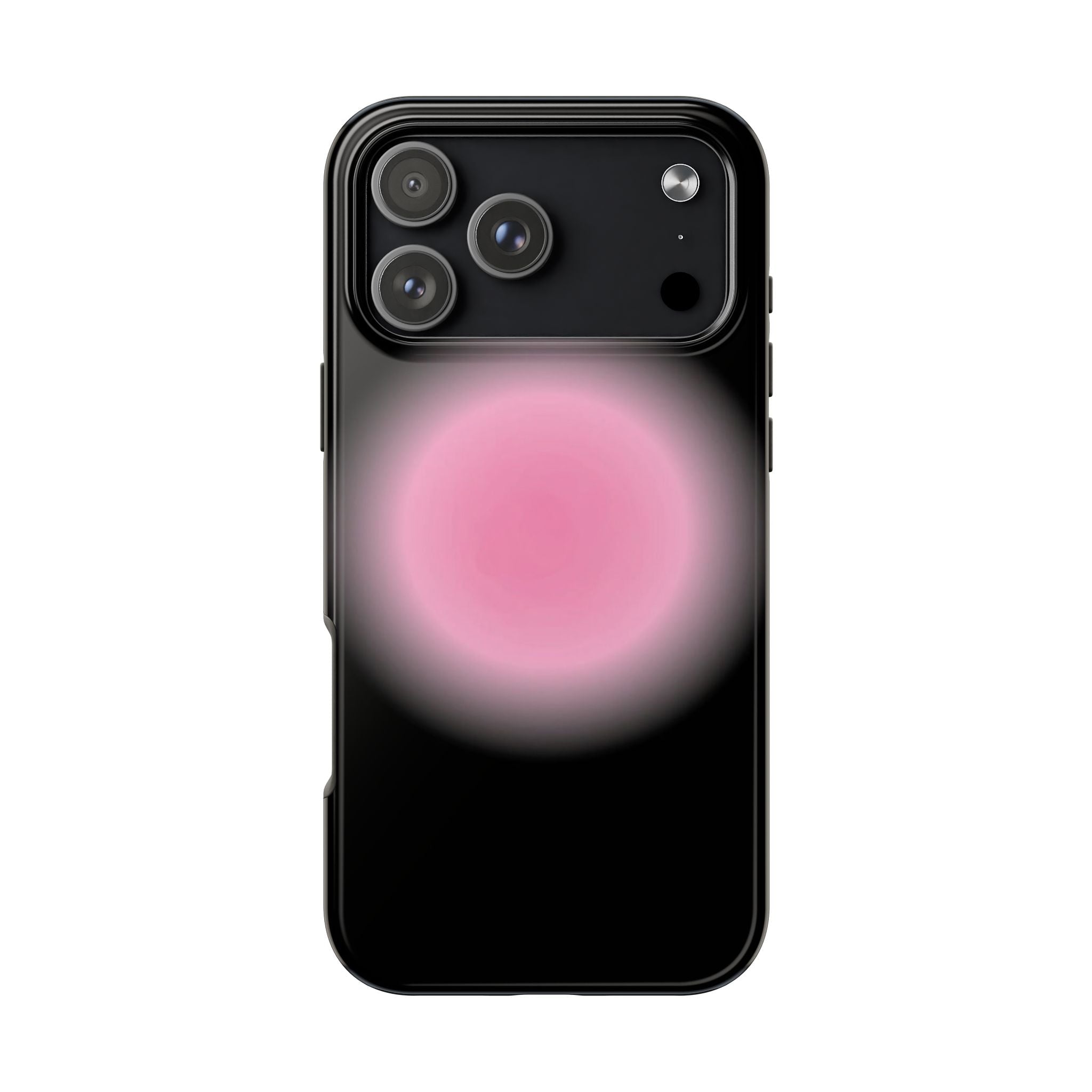 Black phone case featuring a soft pink aura glow beneath the cameras