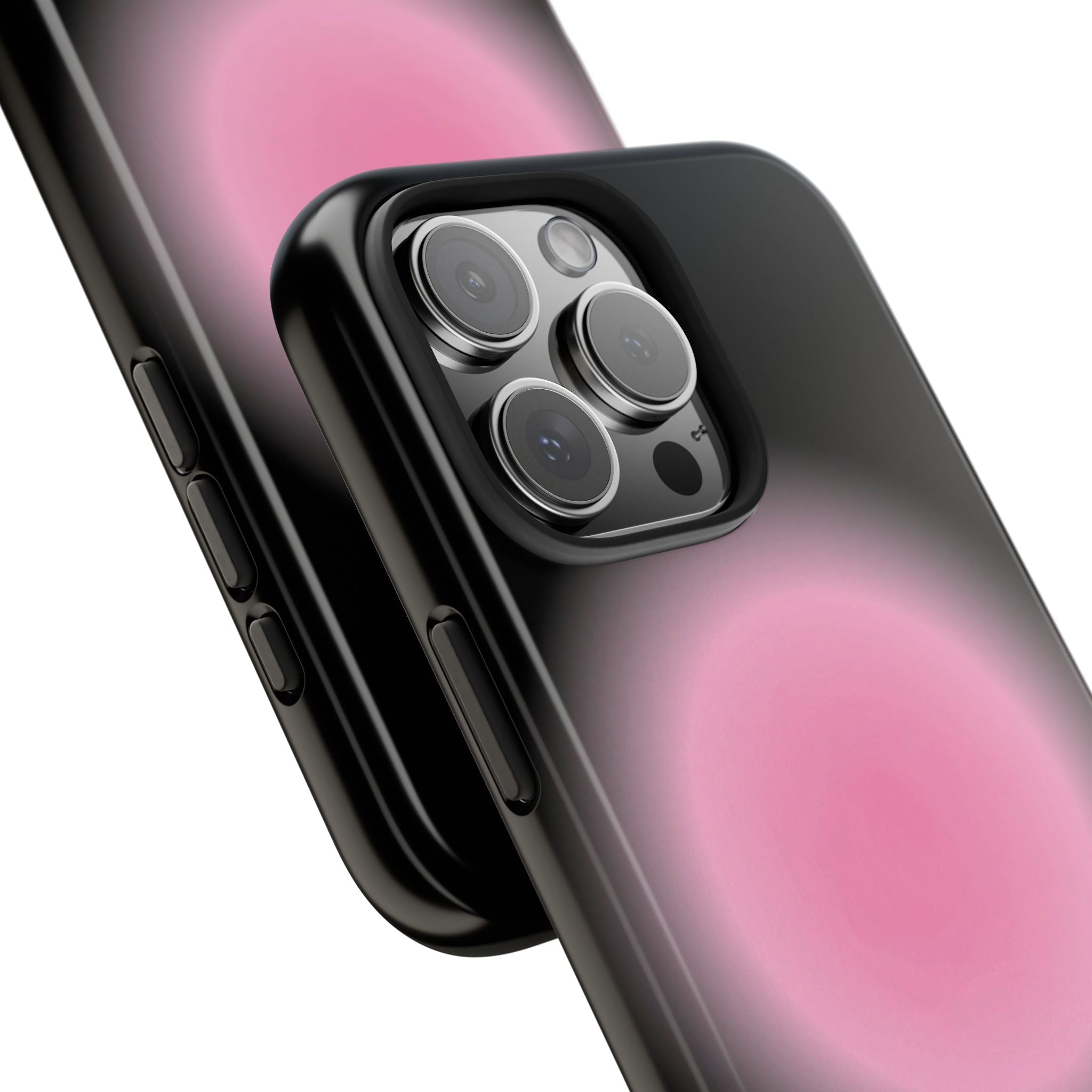 Close-up of black phone case with pink aura artwork and protected camera lenses