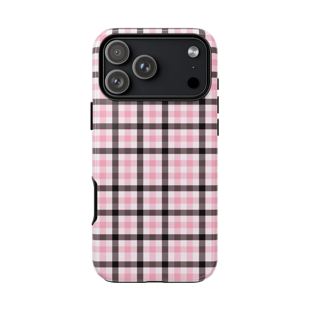 Black and pink gingham phone case showing side profile and camera lens openings
