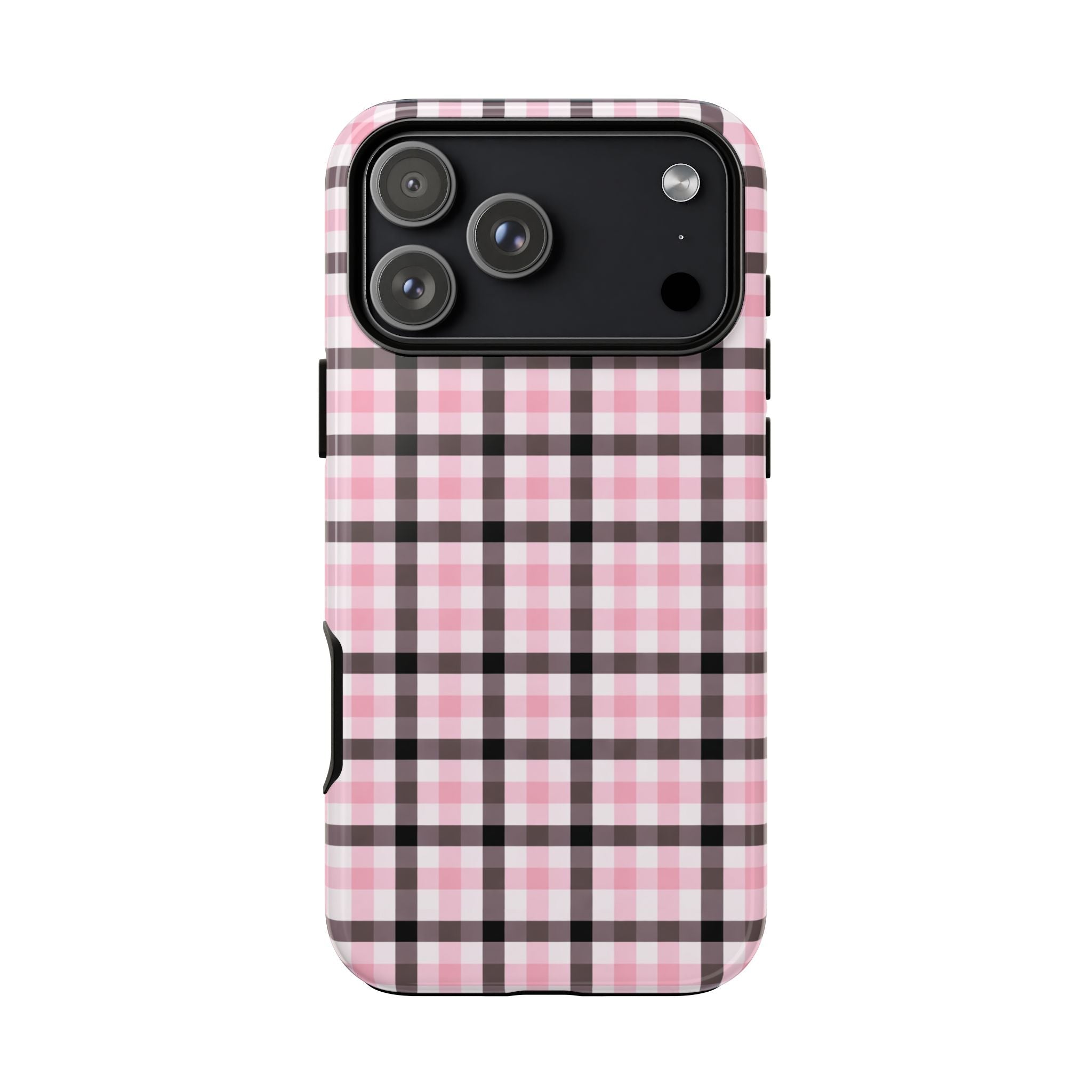 Black and pink gingham phone case showing side profile and camera lens openings