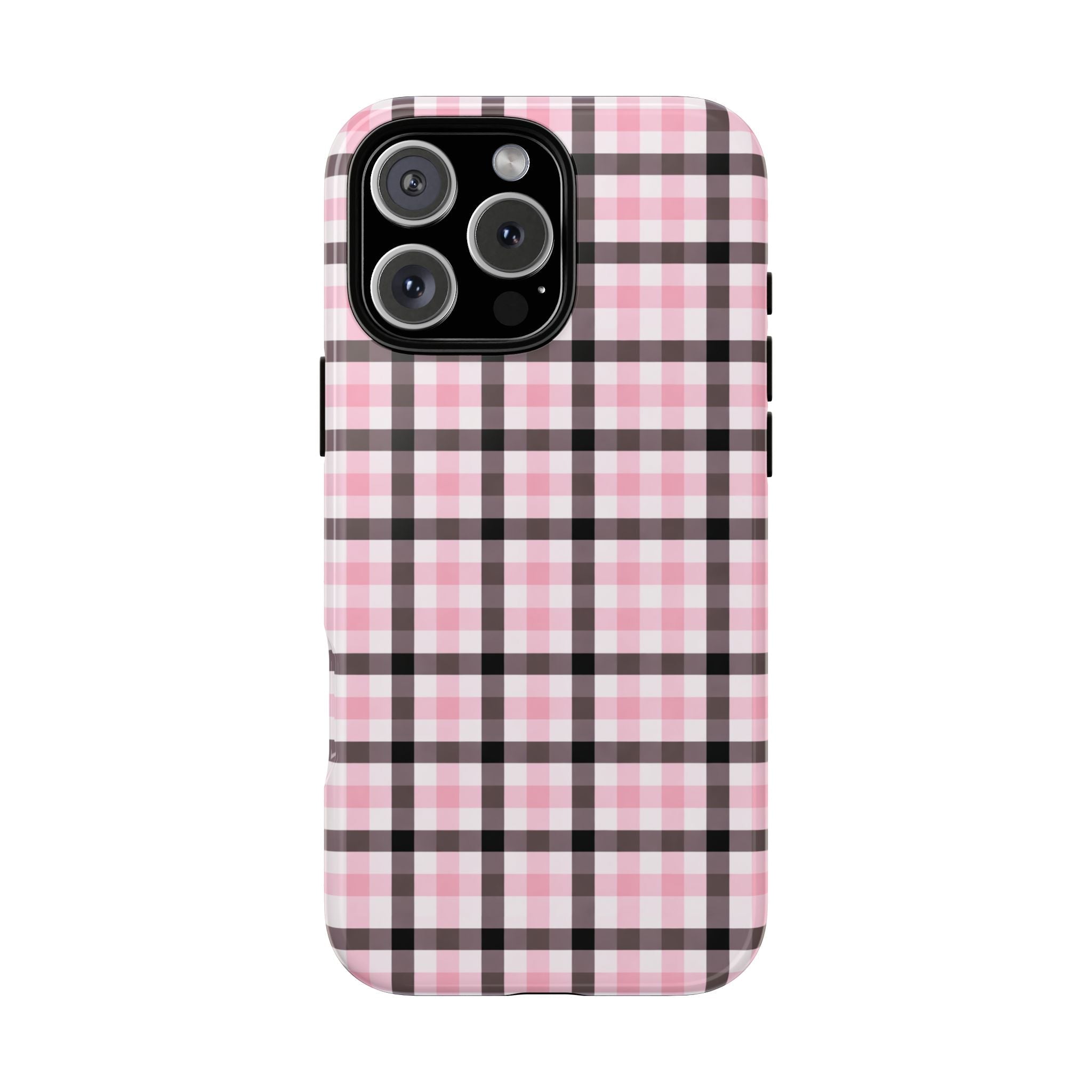Black and pink gingham phone case with camera cutouts and raised edges