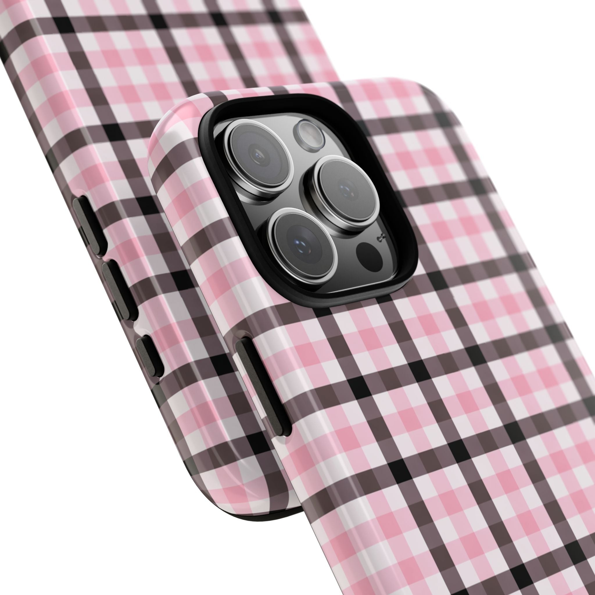 Diagonal view of black and pink gingham phone case with camera bump protection