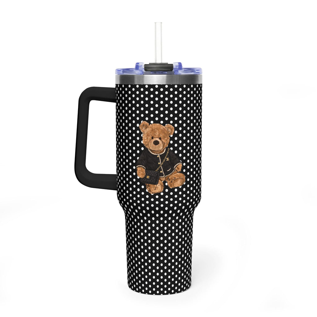 Black polka-dot 40oz tumbler with teddy bear front, curved handle, straw lid