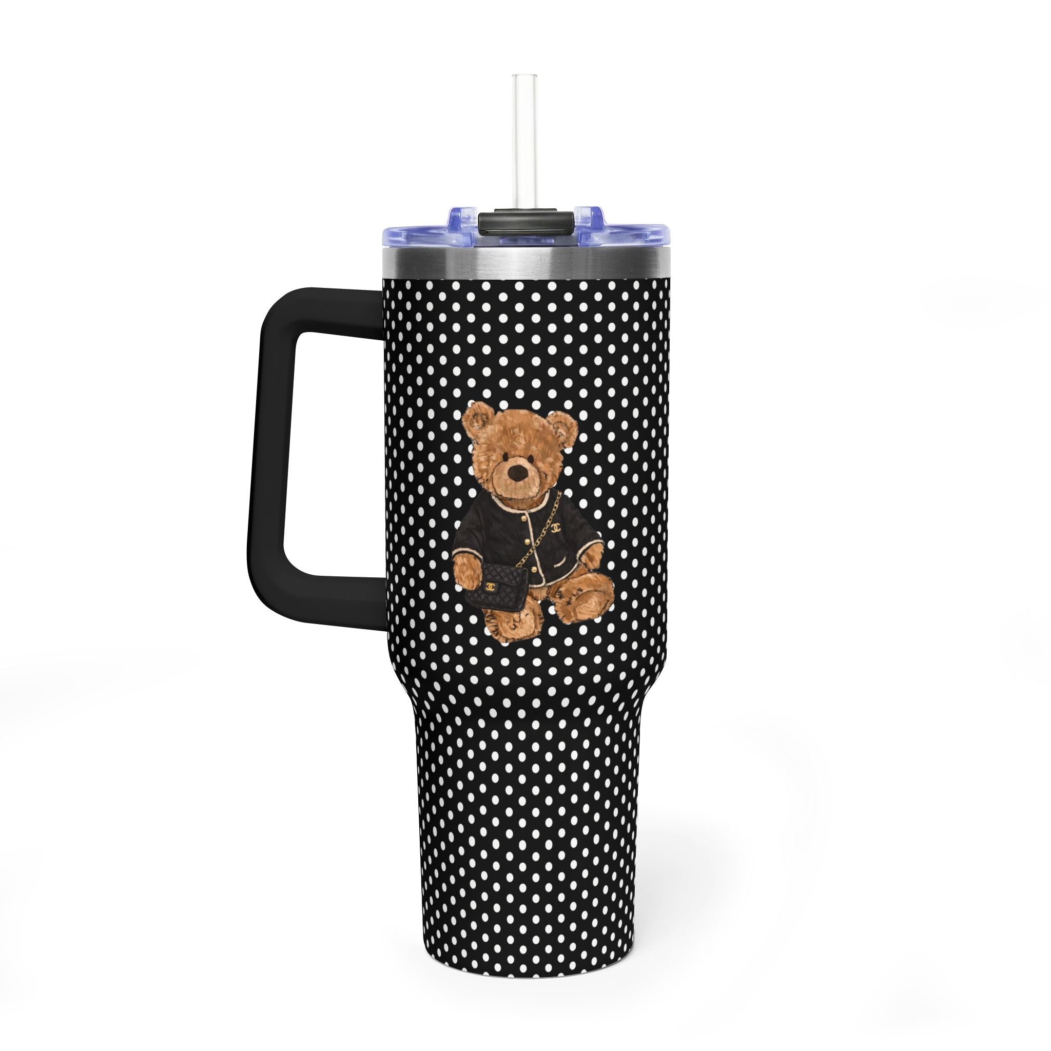Black polka-dot 40oz tumbler with teddy bear front, curved handle, straw lid