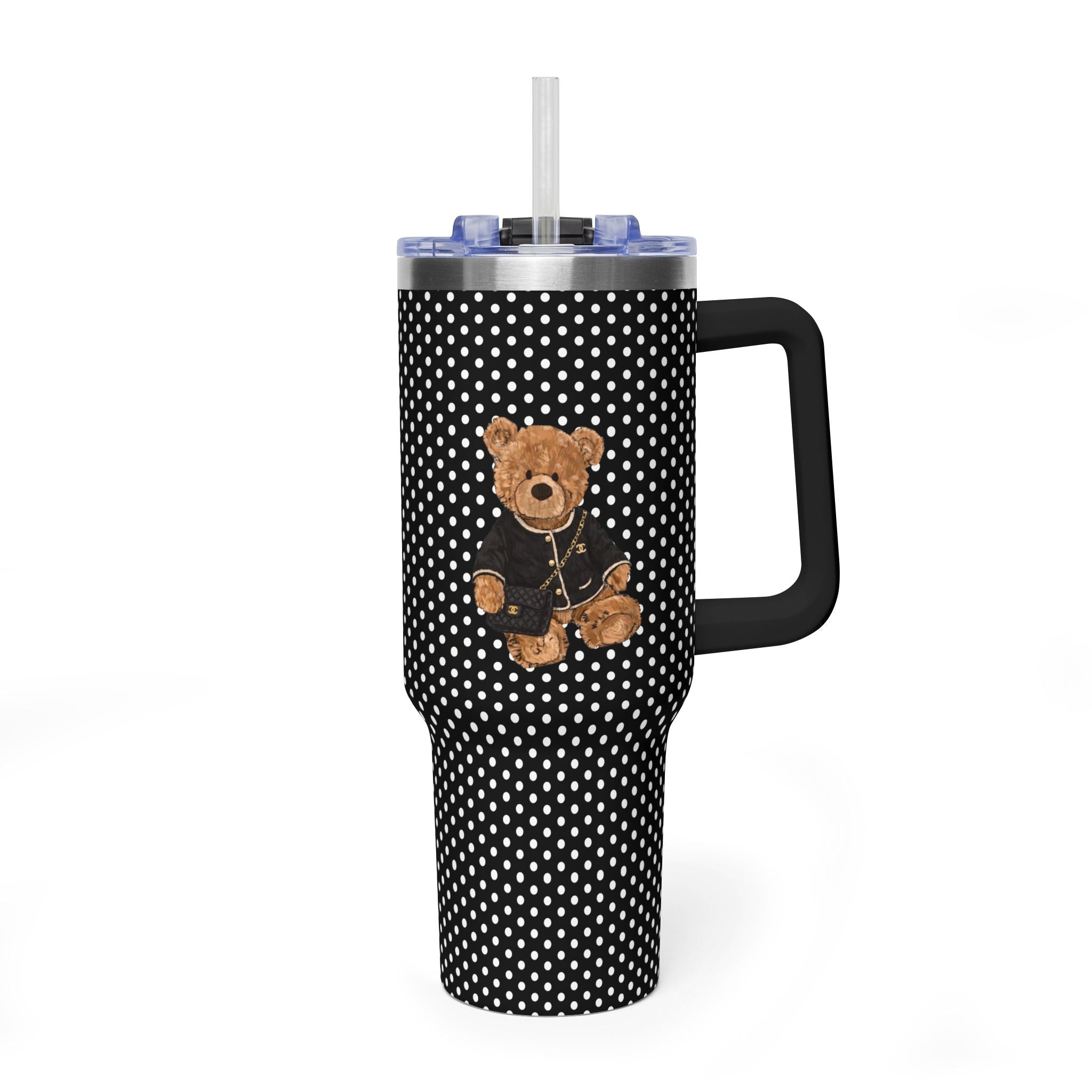 Black 40oz tumbler with white polka dots and teddy bear graphic, straw lid