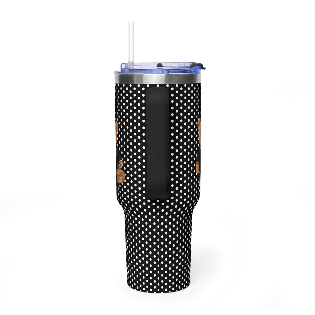Black 40oz tumbler with white polka dots and flip-top straw lid, back panel