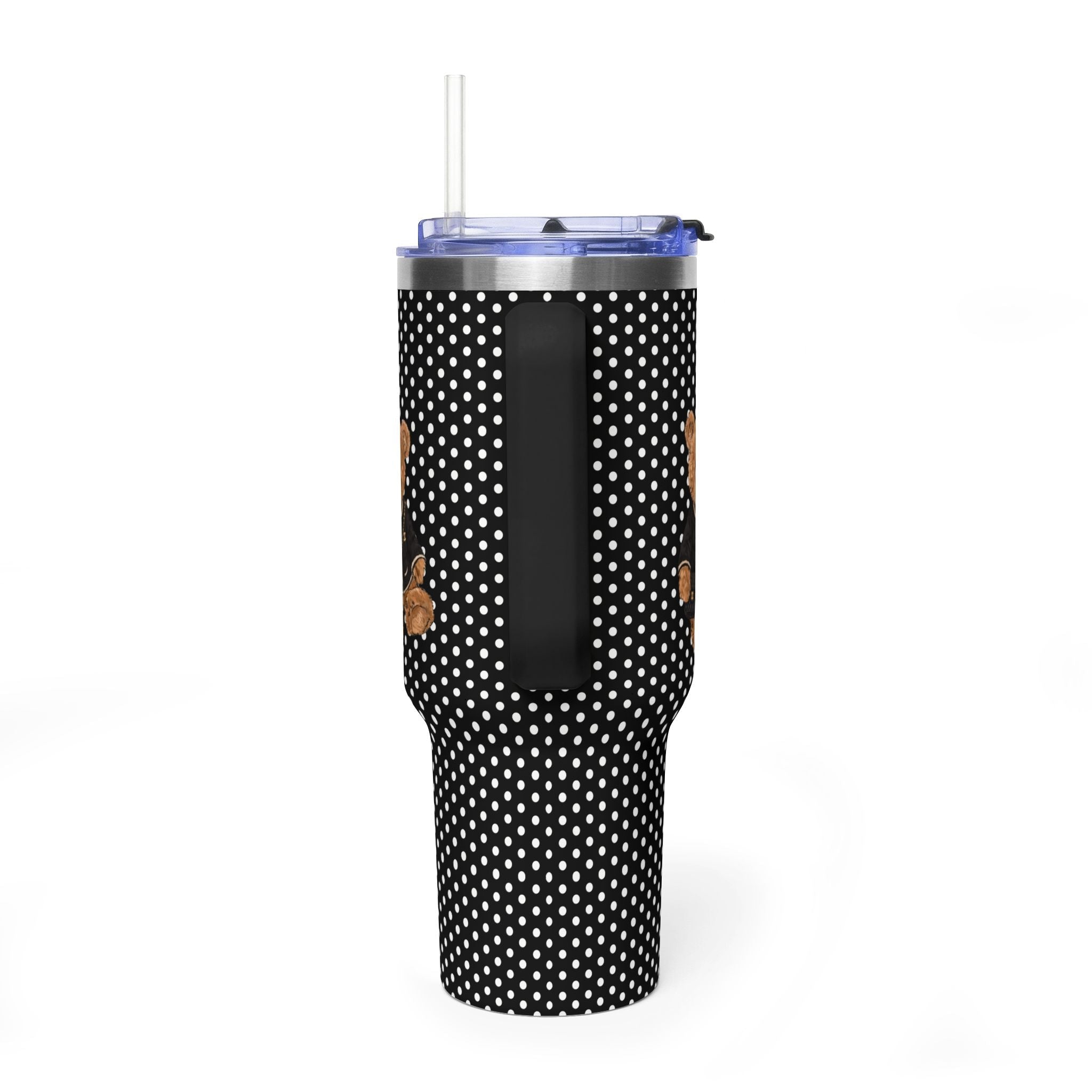 Black 40oz tumbler with white polka dots and flip-top straw lid, back panel