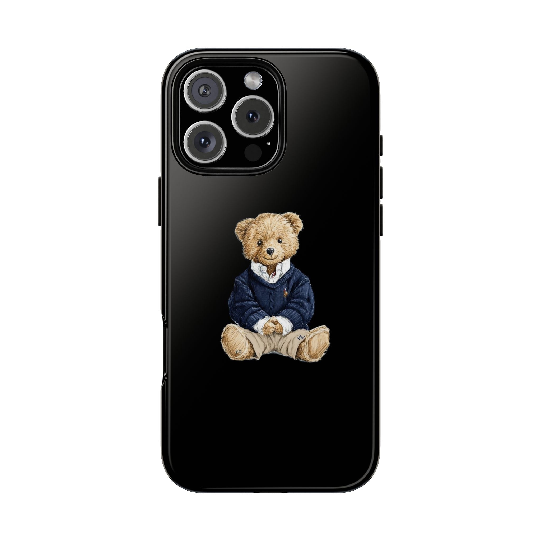 Black phone case with sitting teddy bear graphic and visible camera cutouts