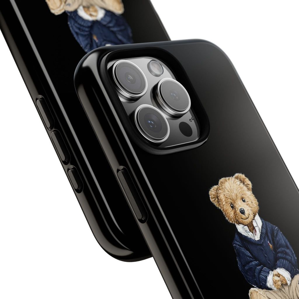 Black phone case side view with raised camera lenses and teddy bear detail