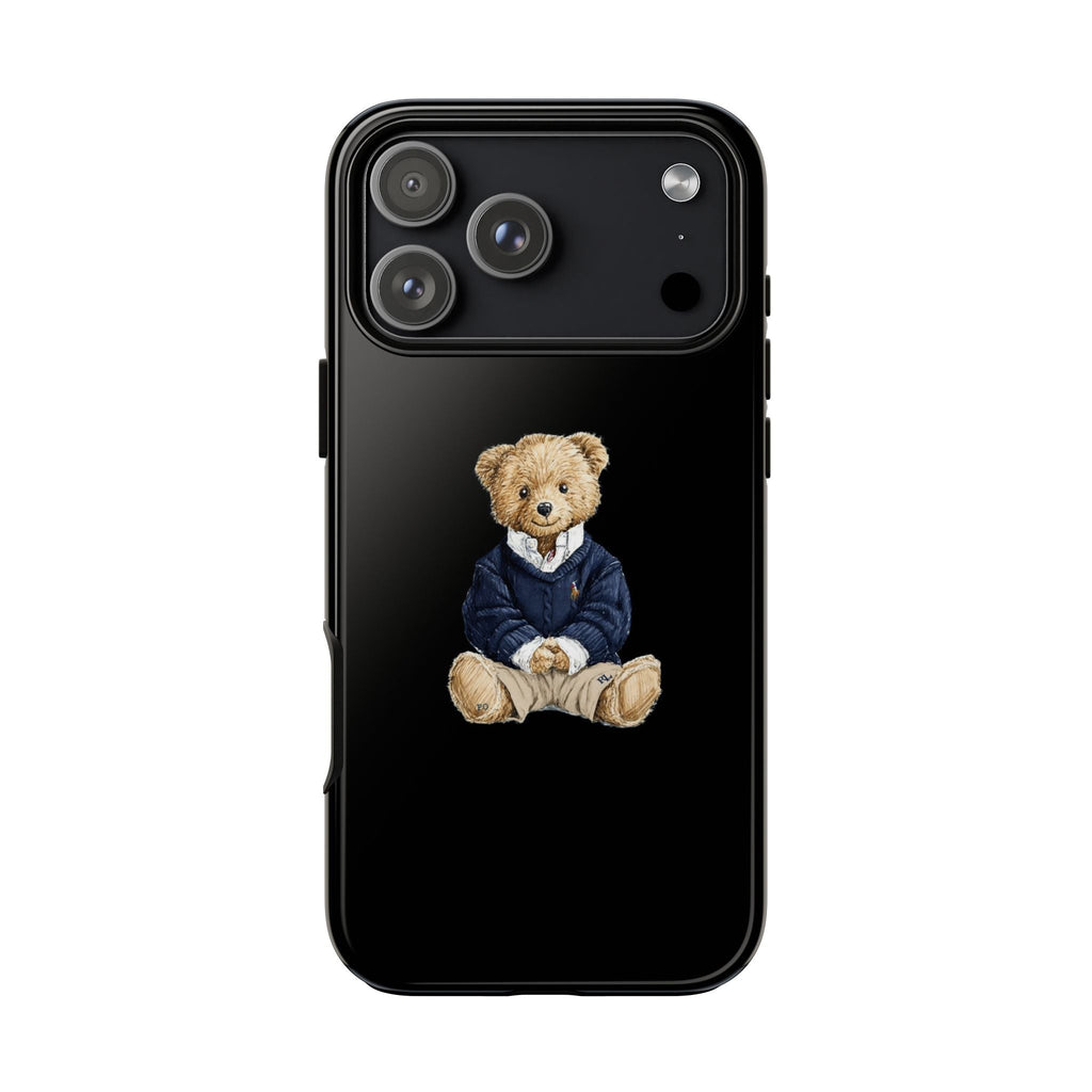 Black phone case with teddy bear in navy sweater graphic on the back