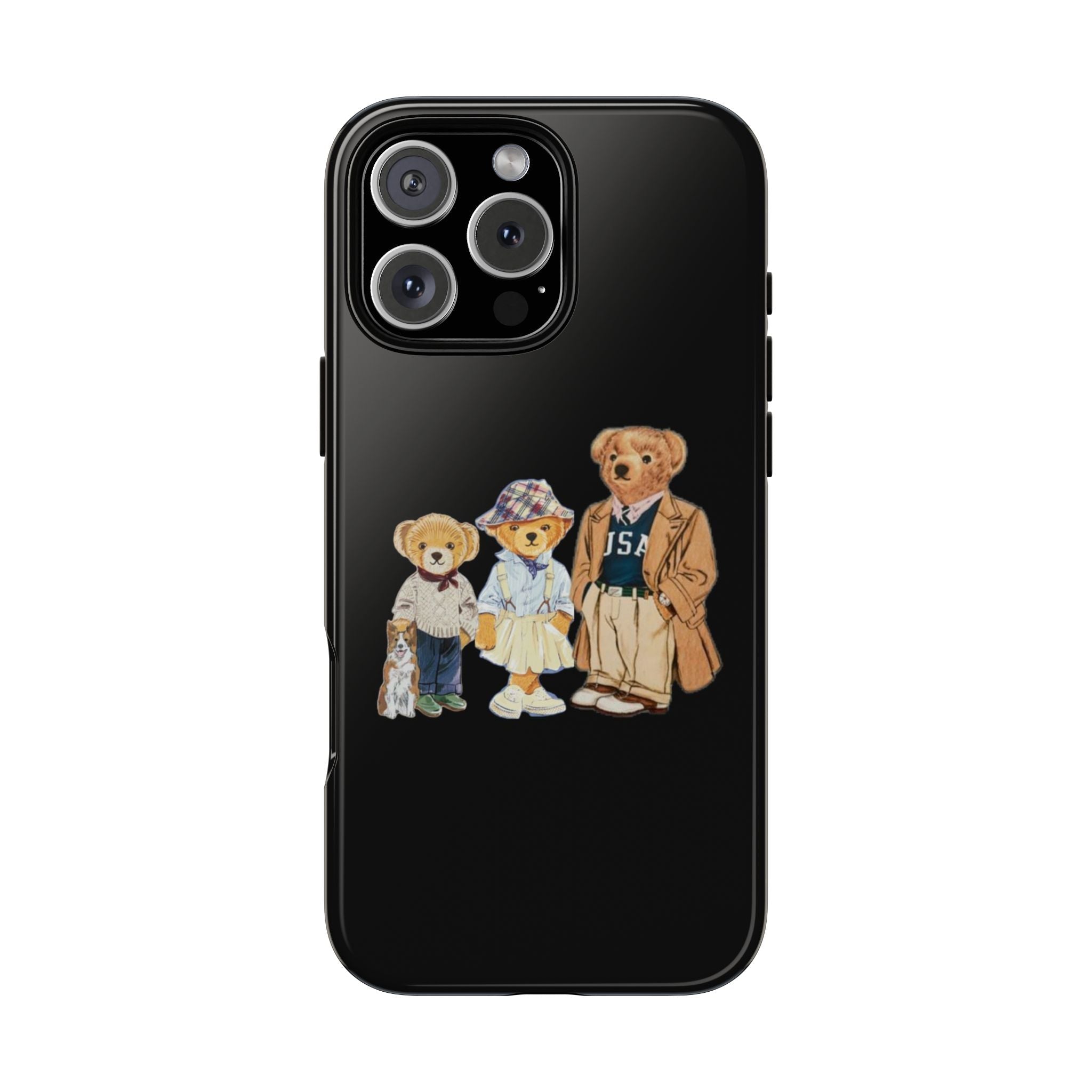 Black phone case with teddy bear character illustration across the back