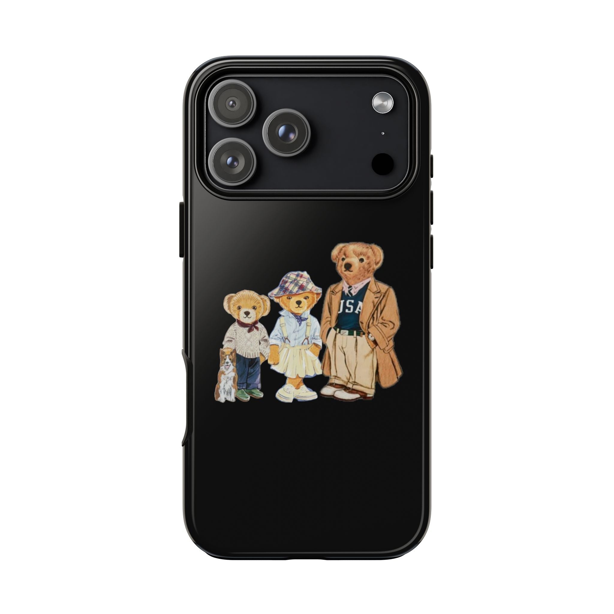 Black phone case, teddy bear group graphic centered under the camera cutouts