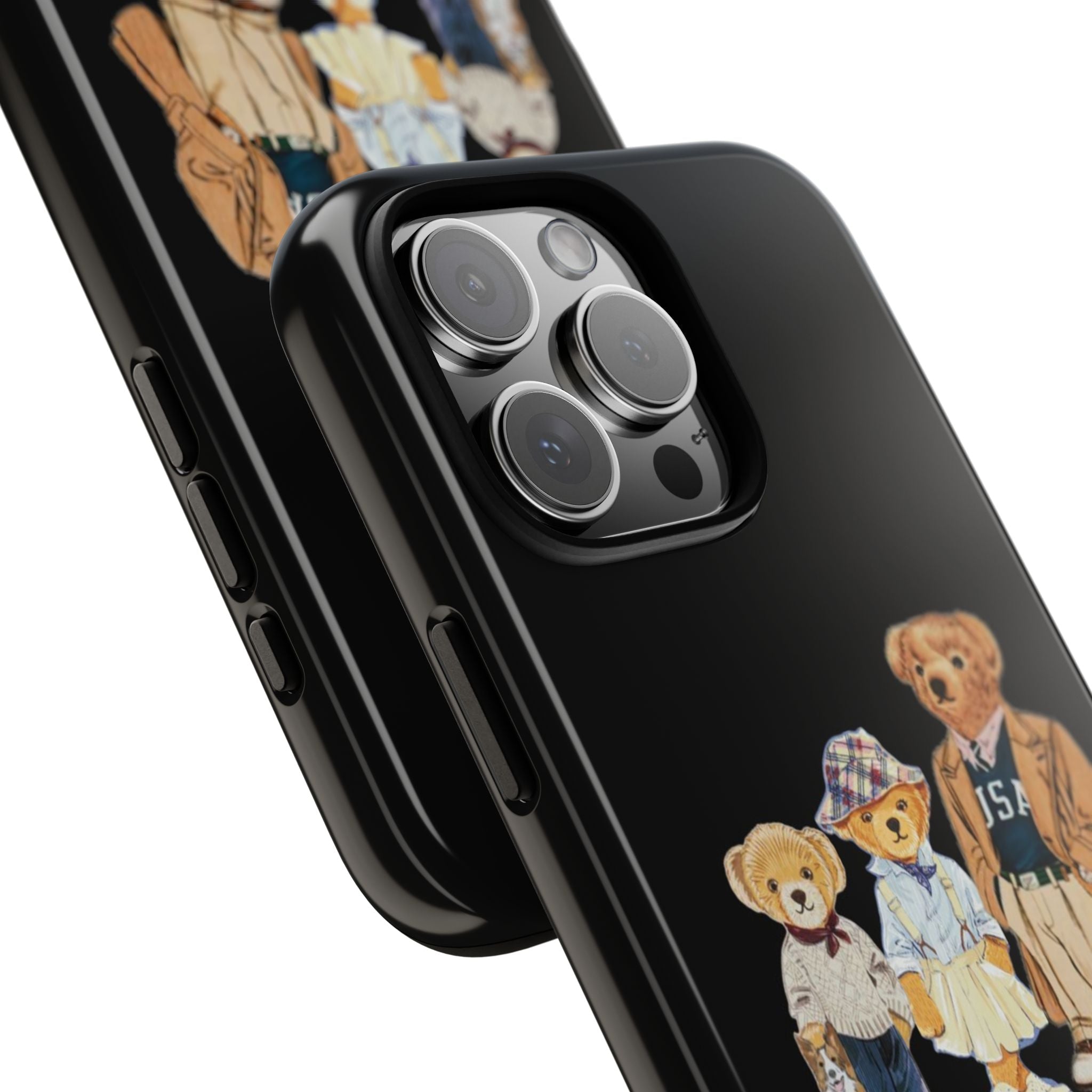 Black phone case corner view with teddy bear character graphic and camera lenses