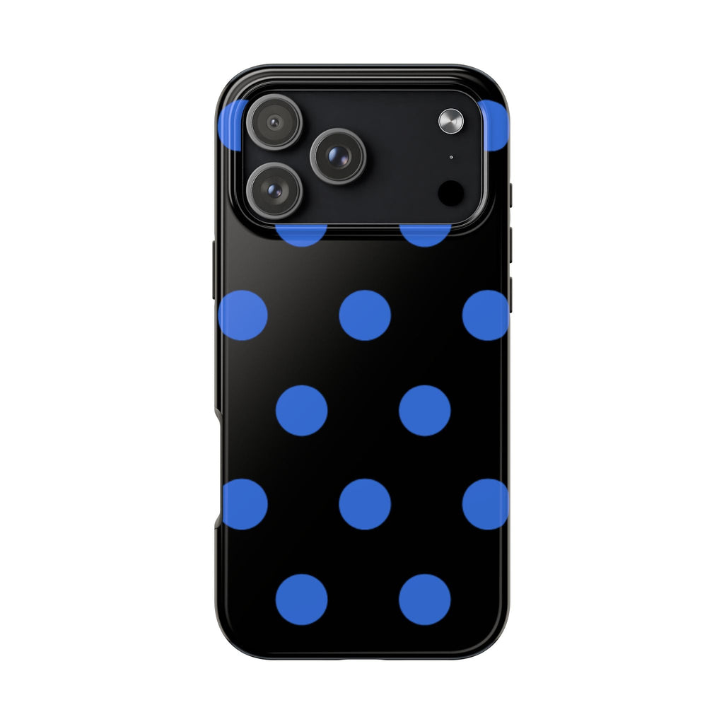 Black phone case with royal blue polka dots and camera cutout
