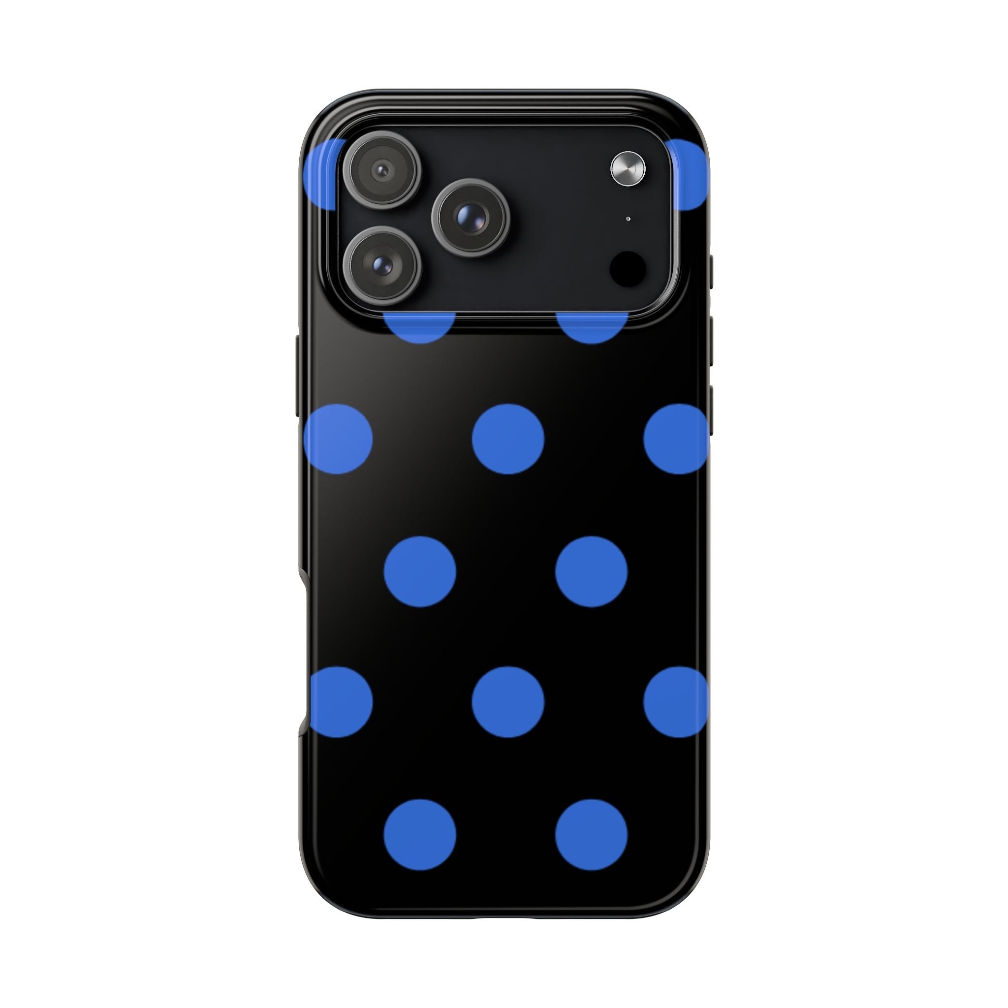 Black phone case with royal blue polka dots and camera cutout