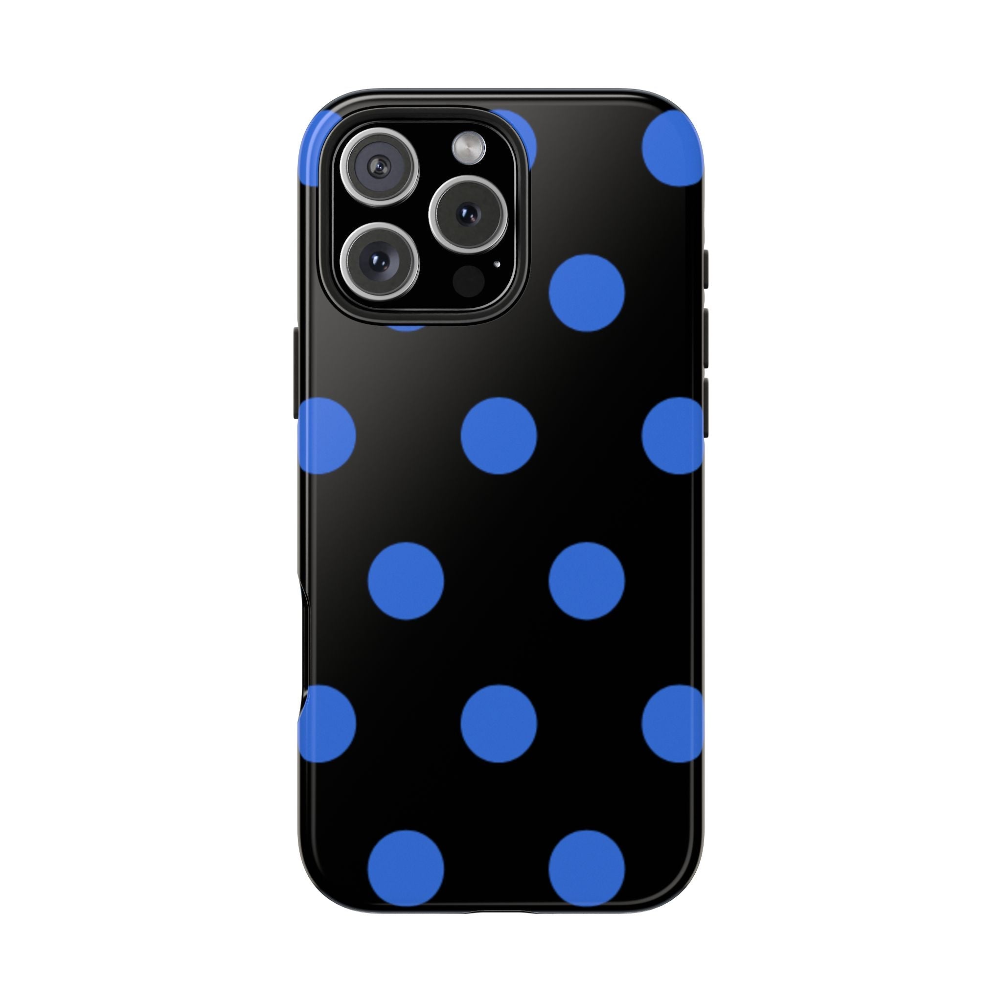 Black phone case featuring scattered royal blue polka dots with lens openings