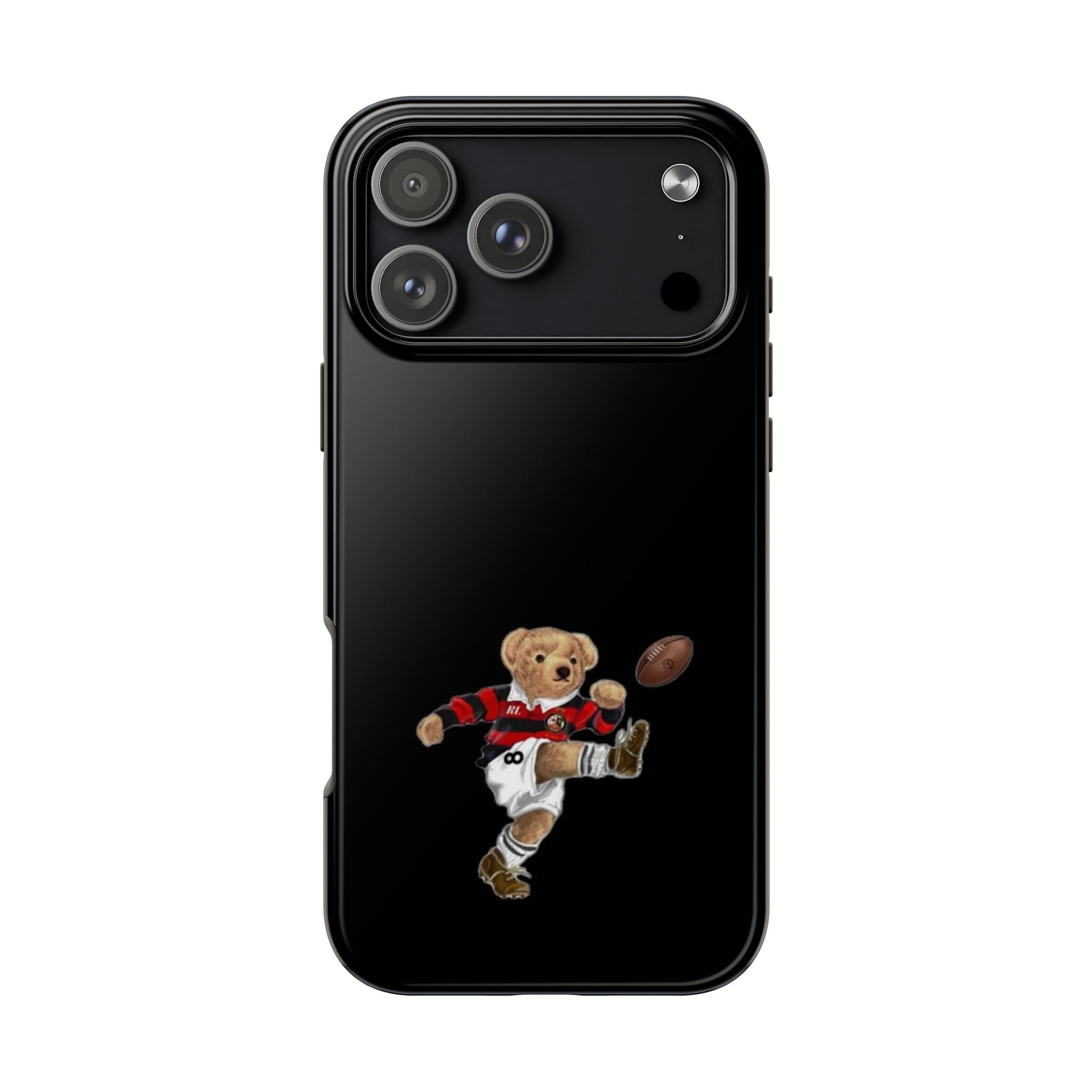 Black phone case with teddy-bear rugby player graphic