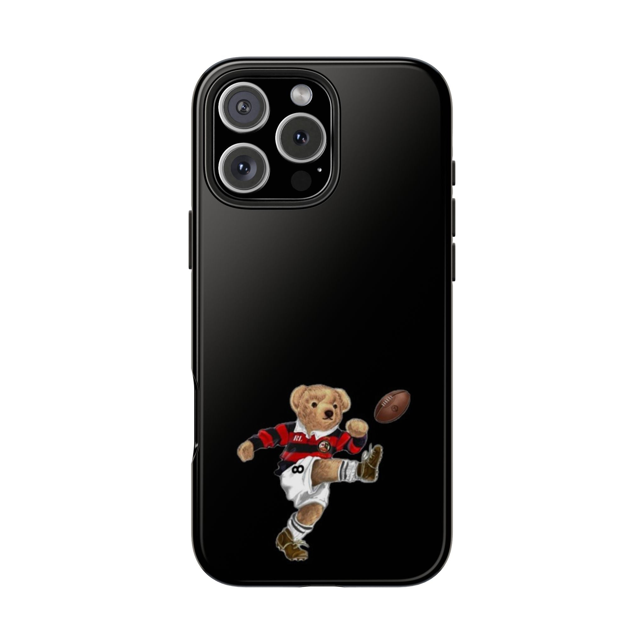 Black phone case with centered teddy-bear rugby player mascot graphic