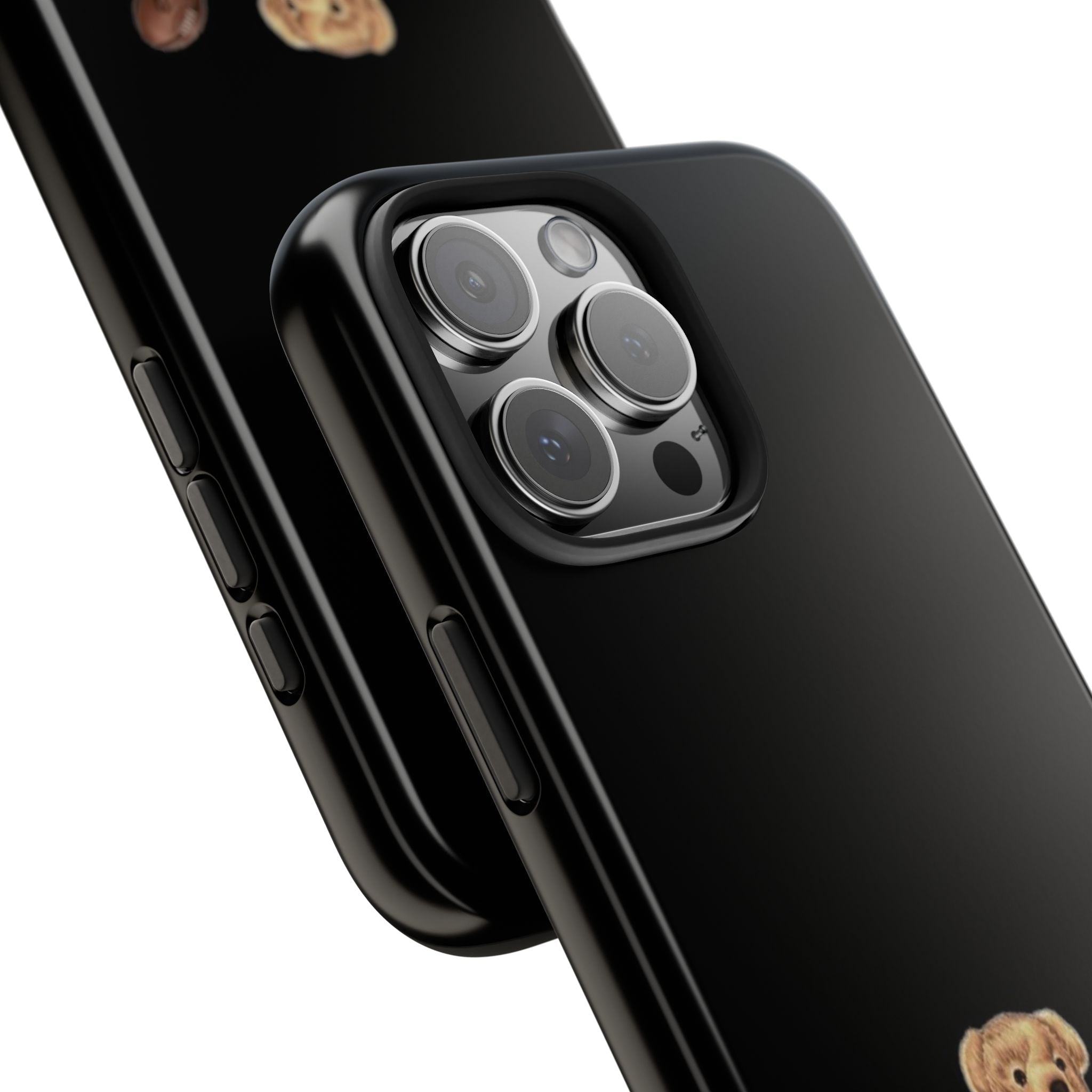 Black phone case side view with camera cutouts and teddy graphic detail