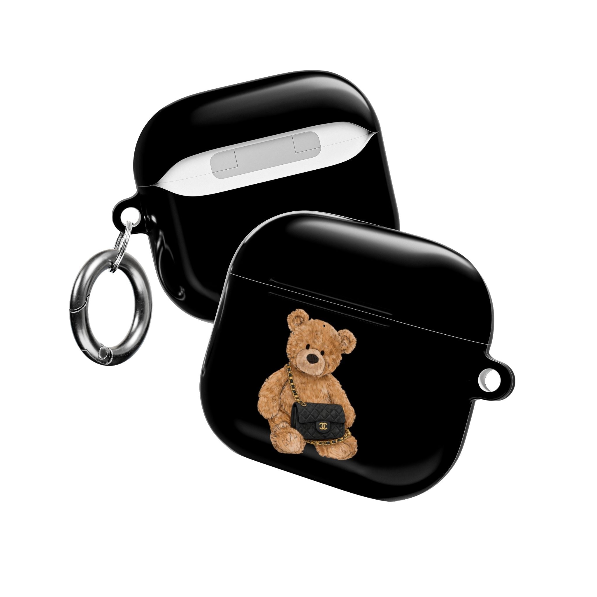 Black flap AirPods cases with teddy bear charm and hanging metal key rings