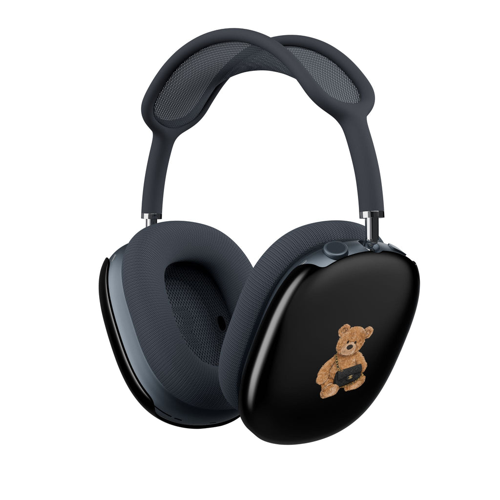 Black AirPods Max ear cup case cover with teddy bear patch on right side