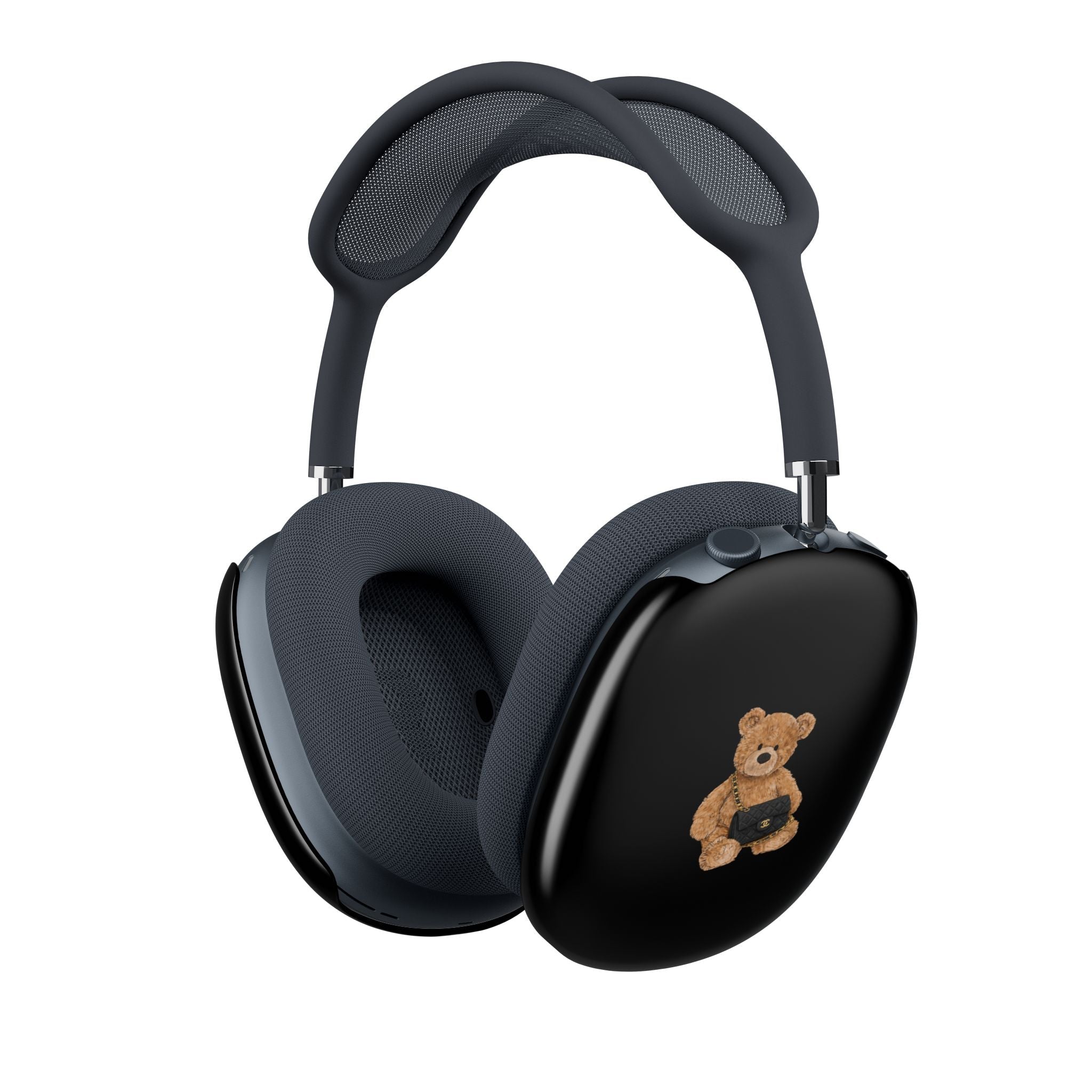 Black AirPods Max ear cup case cover with teddy bear patch on right side