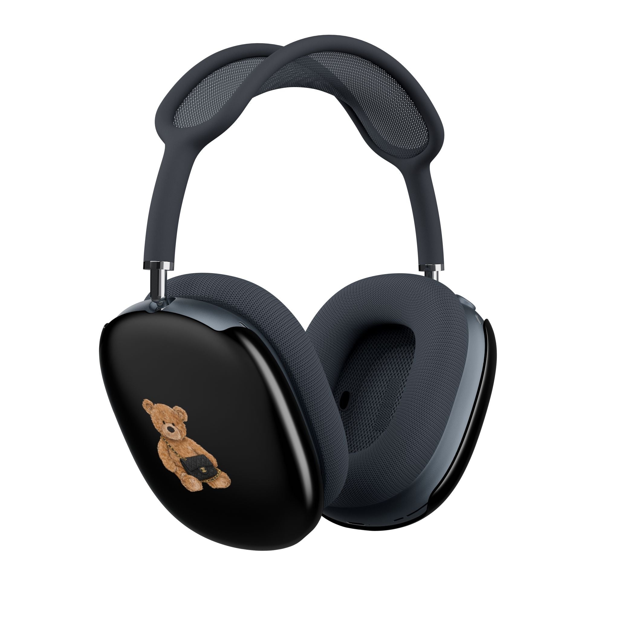 Black AirPods Max ear cup case cover, teddy bear patch on front