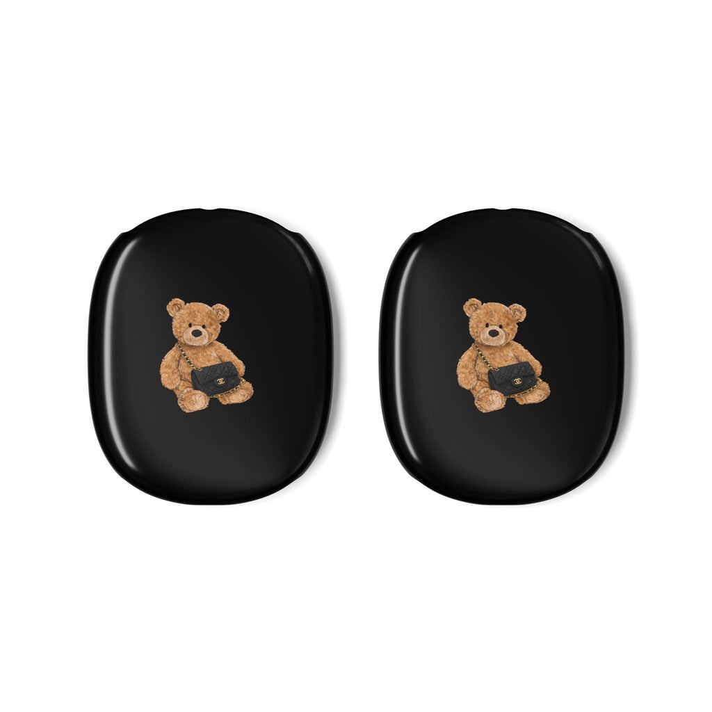 Pair of black AirPods Max ear cup covers with teddy bear patch