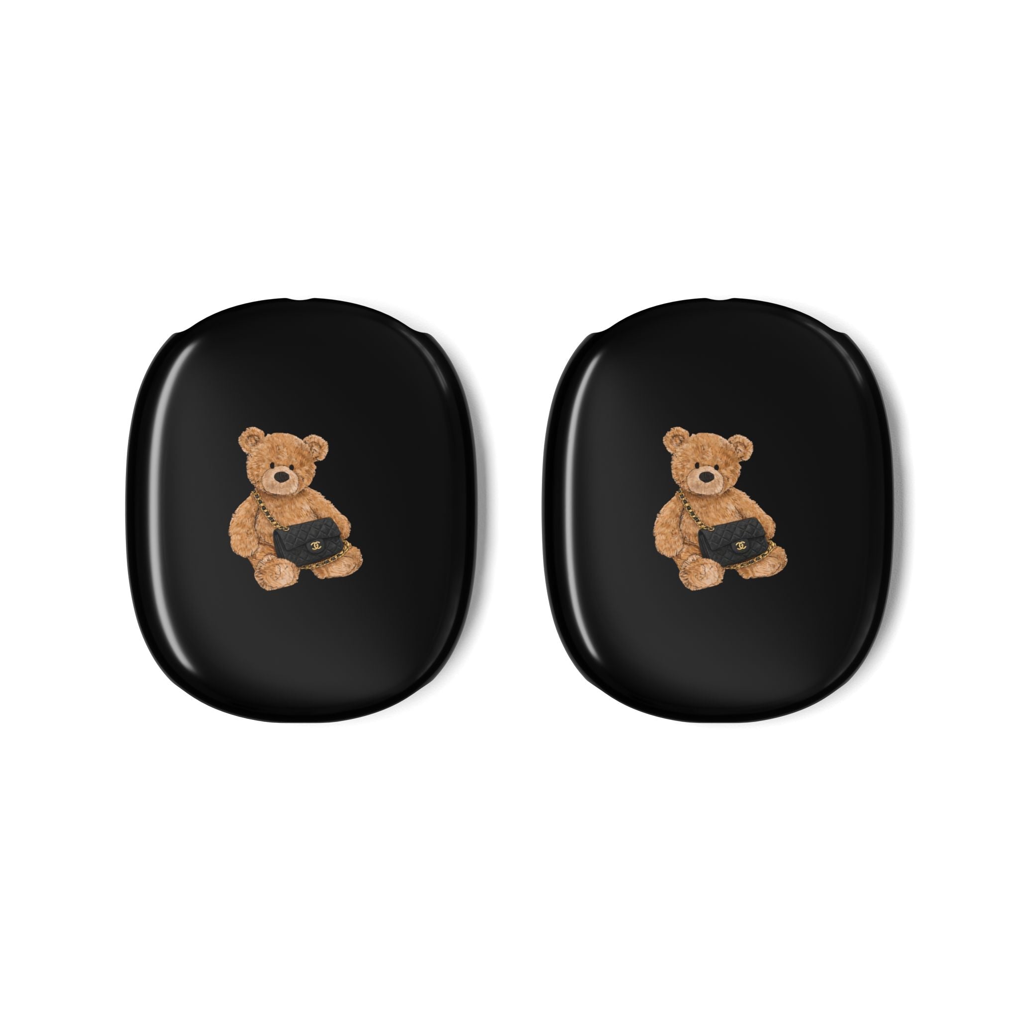 Pair of black AirPods Max ear cup covers with teddy bear patch