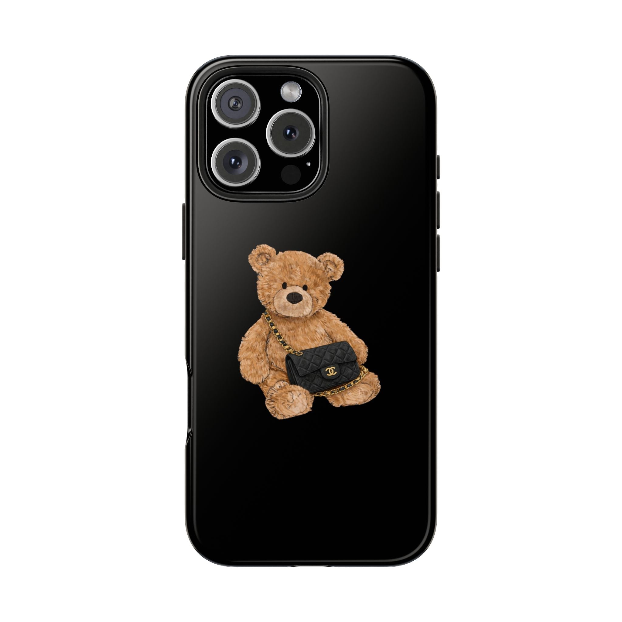 Black phone case featuring teddy bear with crossbody-style flap bag