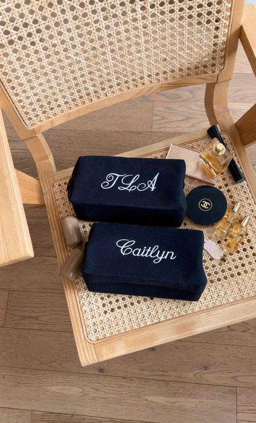 Black waffle knit custom embroidery bag with white 'LoA'