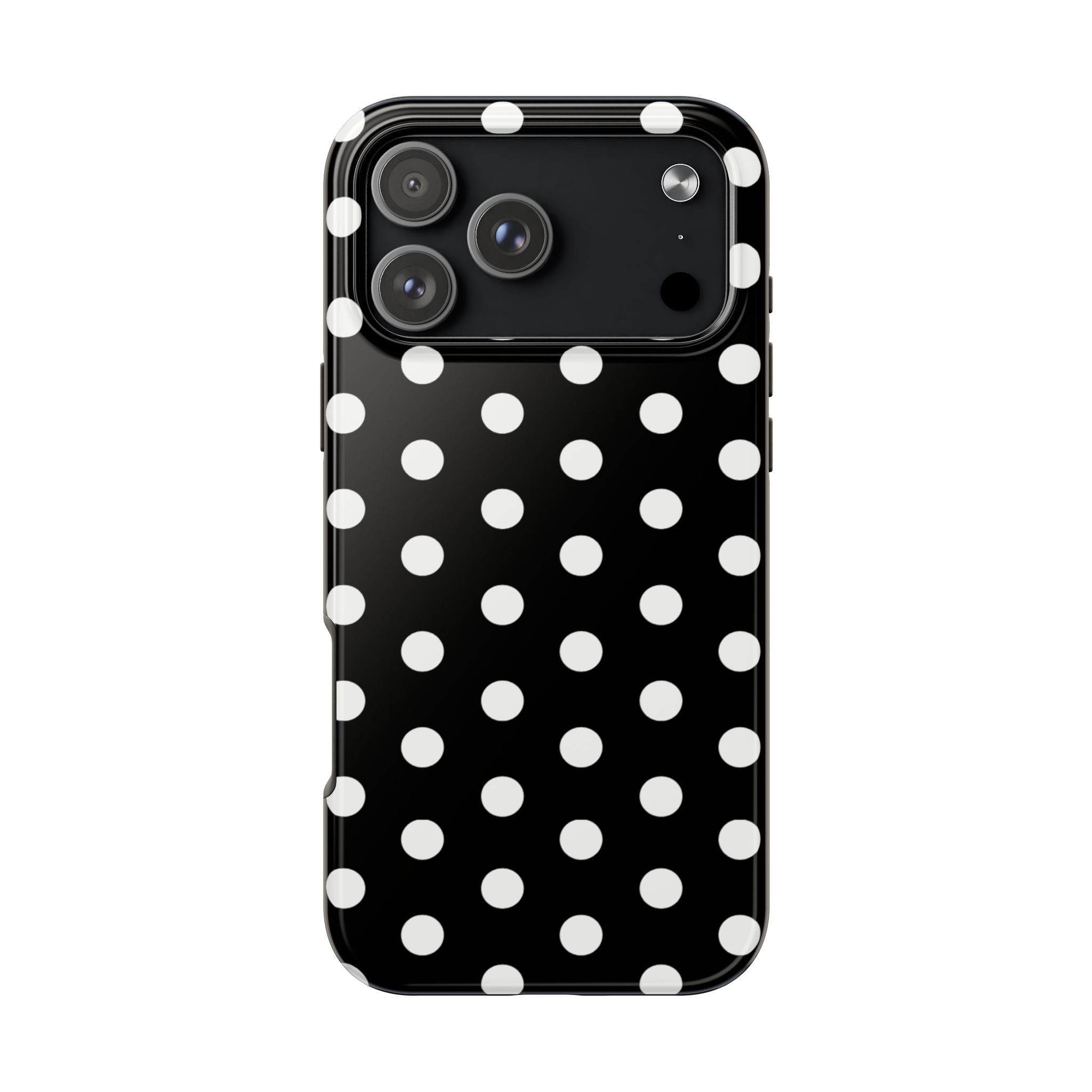 Black phone case with white polka dots and camera cutouts