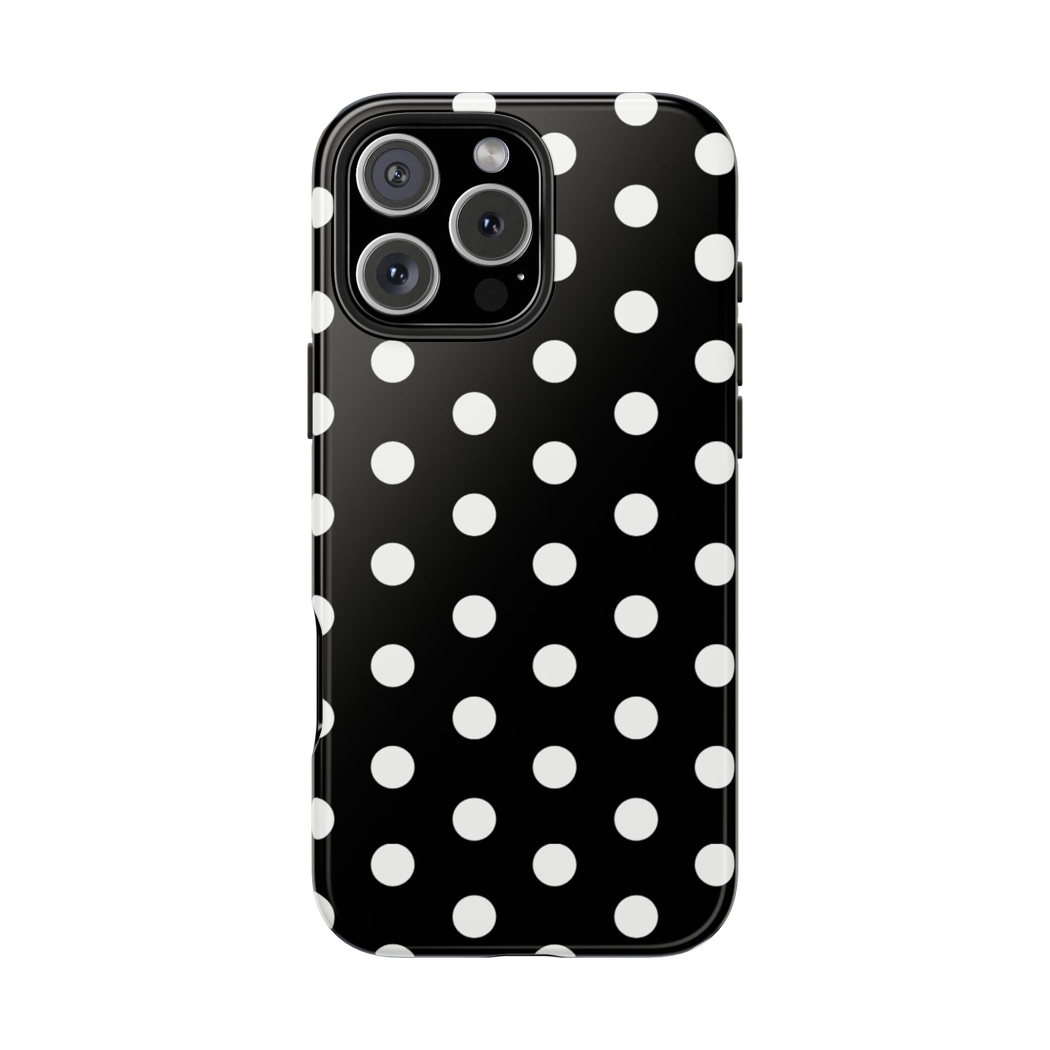 Black polka dot phone case with raised camera module and lens openings
