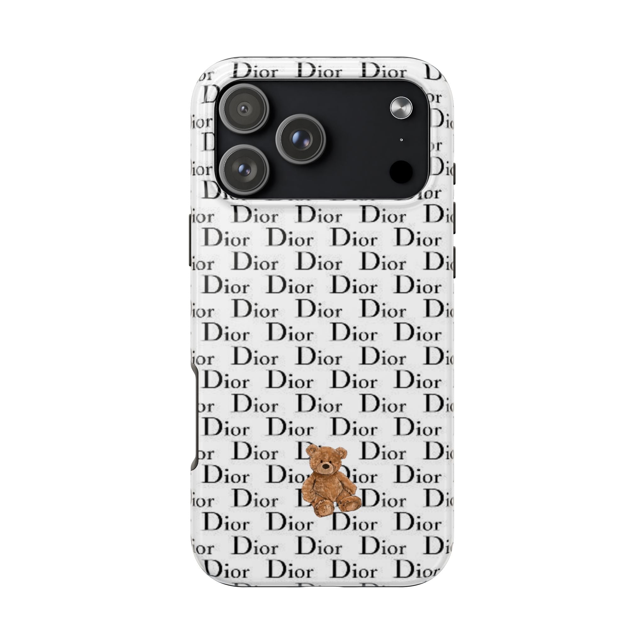 White Dior text phone case with black camera panel, teddy bear centered at bottom