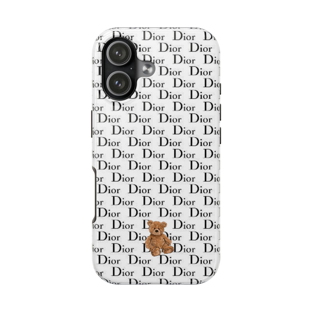 White phone case with Dior text pattern, black camera panel, small teddy bear charm