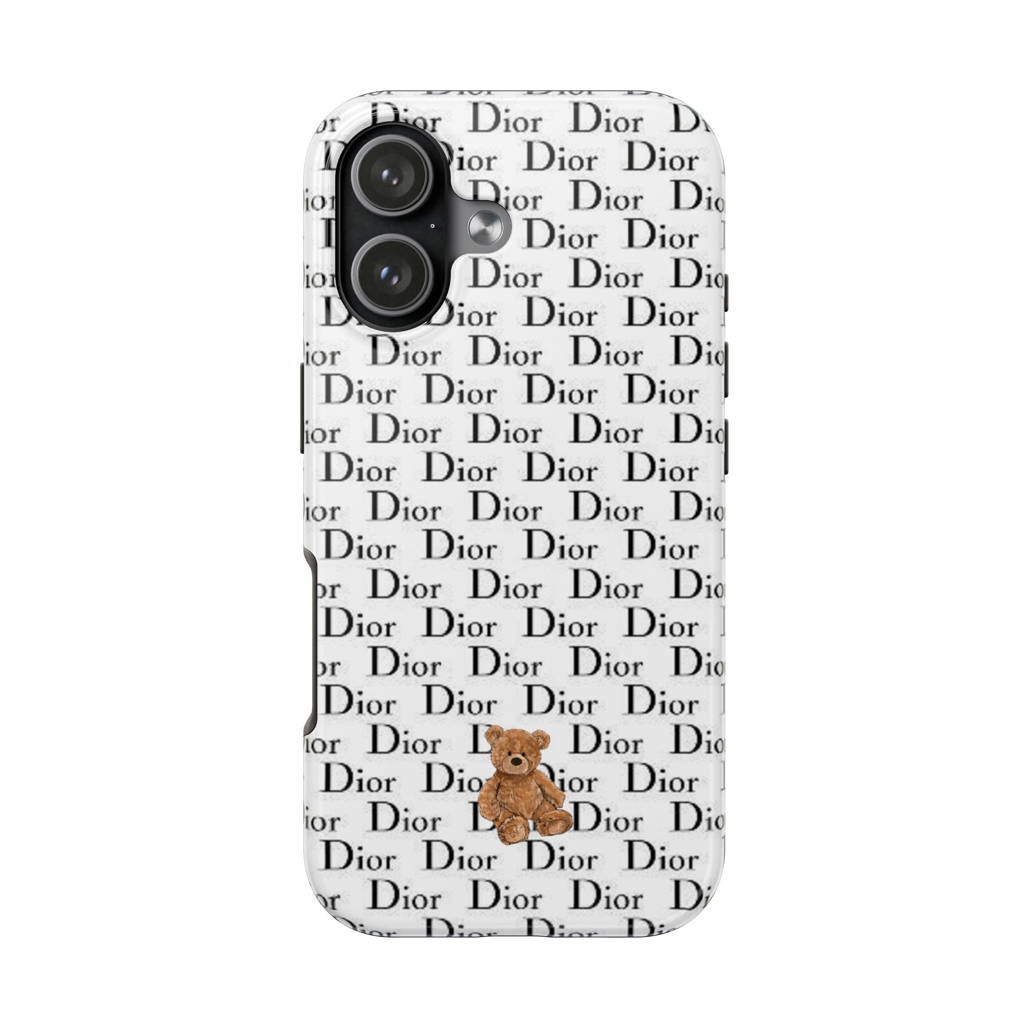White phone case with Dior text pattern, black camera panel, small teddy bear charm