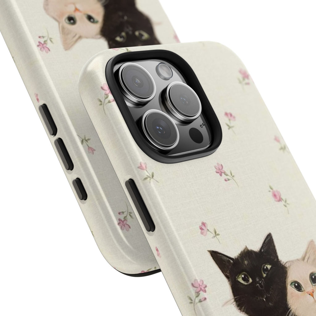 Side view cat floral phone case: cream with pink flowers, raised camera bump and cutouts